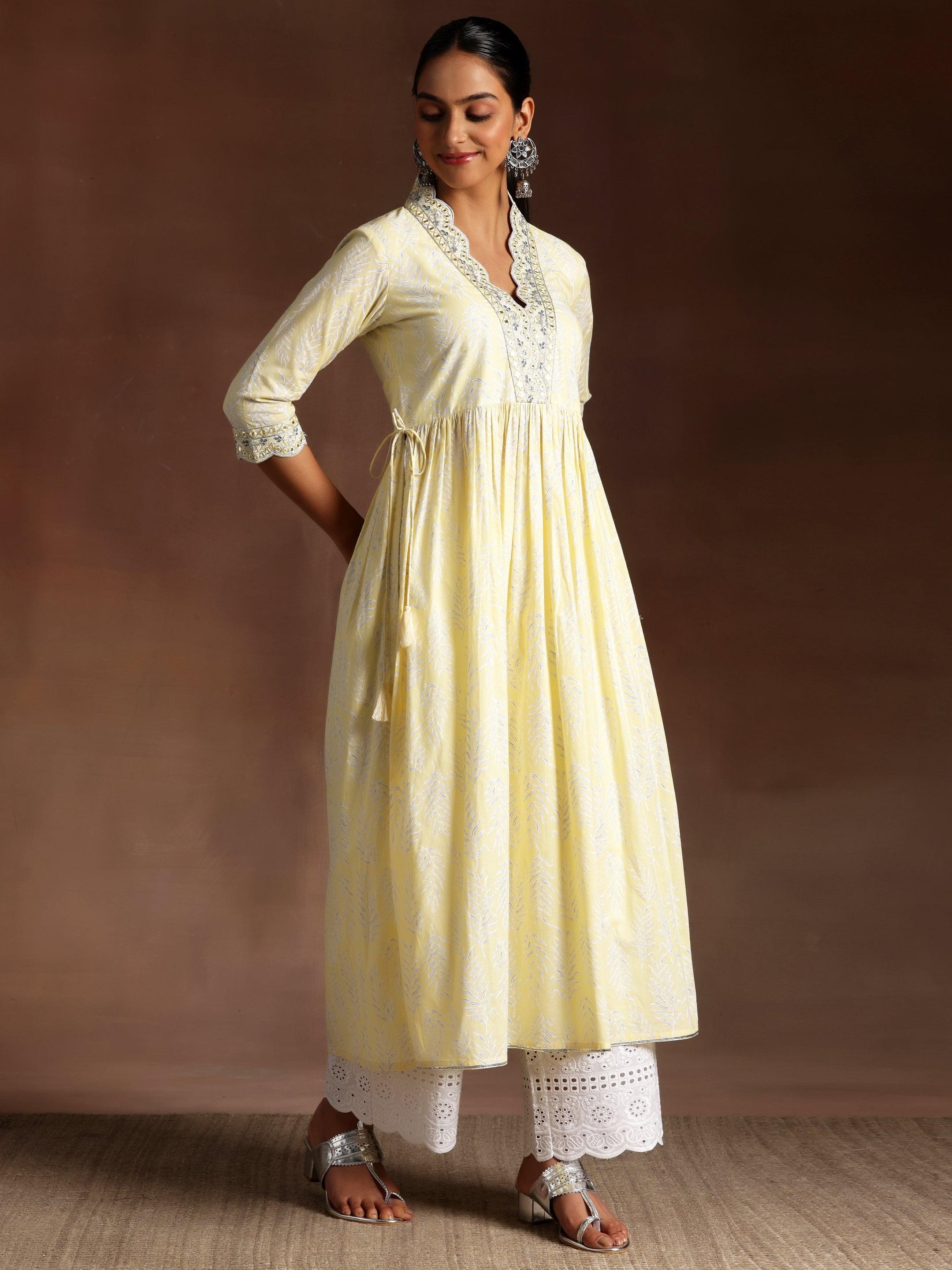 Mahnoor Yellow Printed Cotton A-Line Kurta With Palazzos & Dupatta