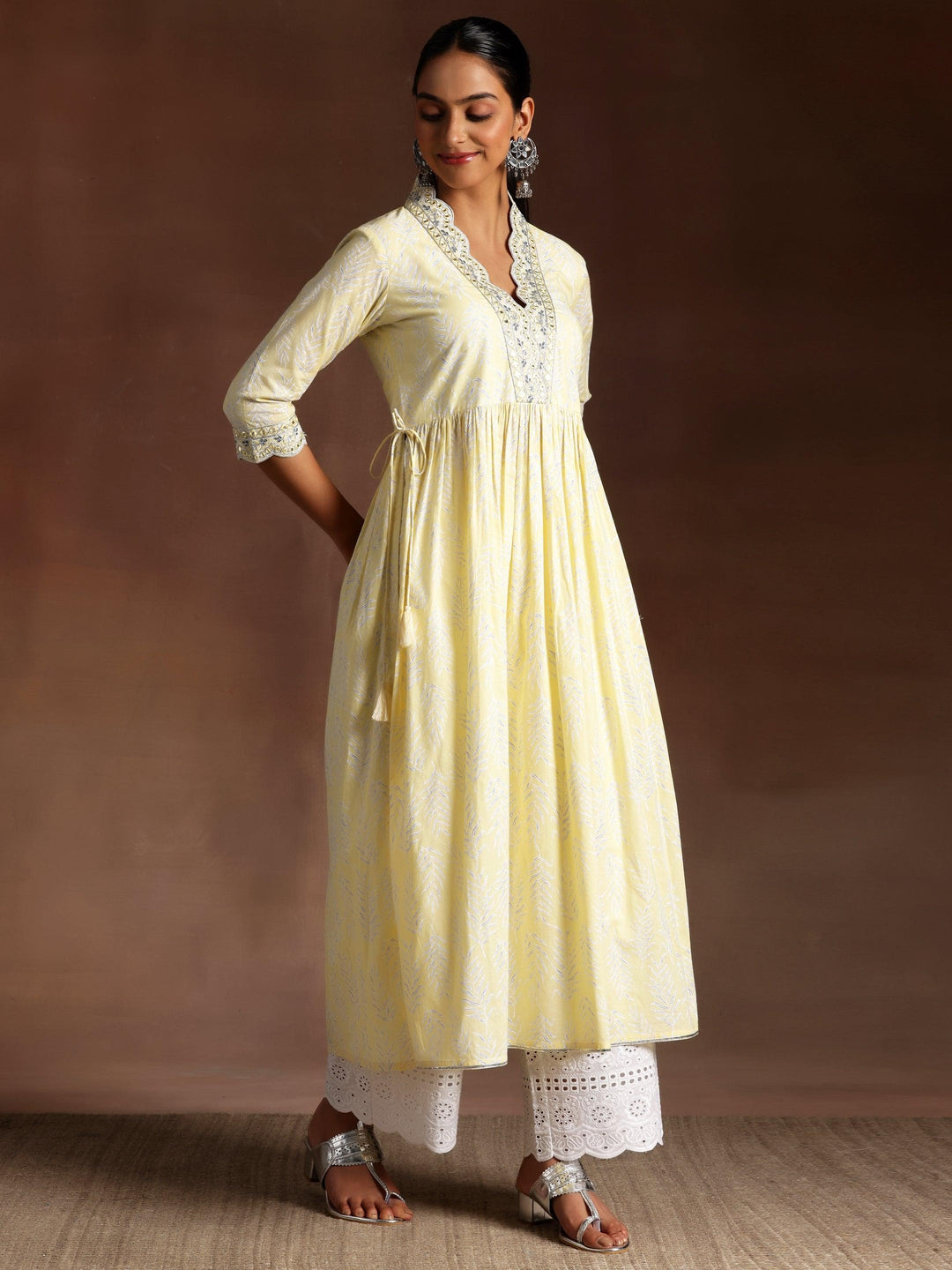 Seher Yellow Printed Cotton A-Line Kurta With Palazzos & Dupatta - ShopLibas