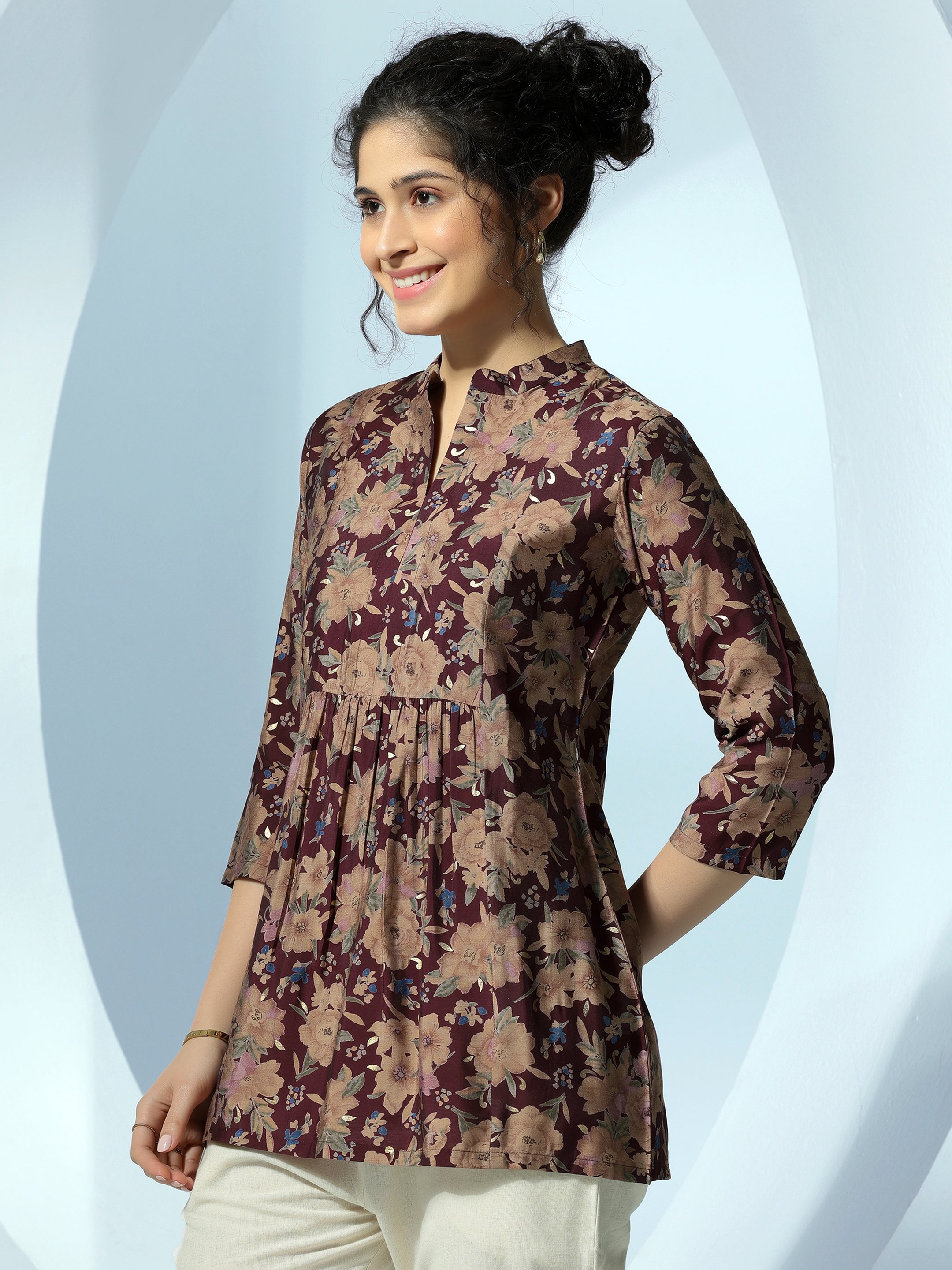 Maroon Printed Silk Blend Straight Kurti