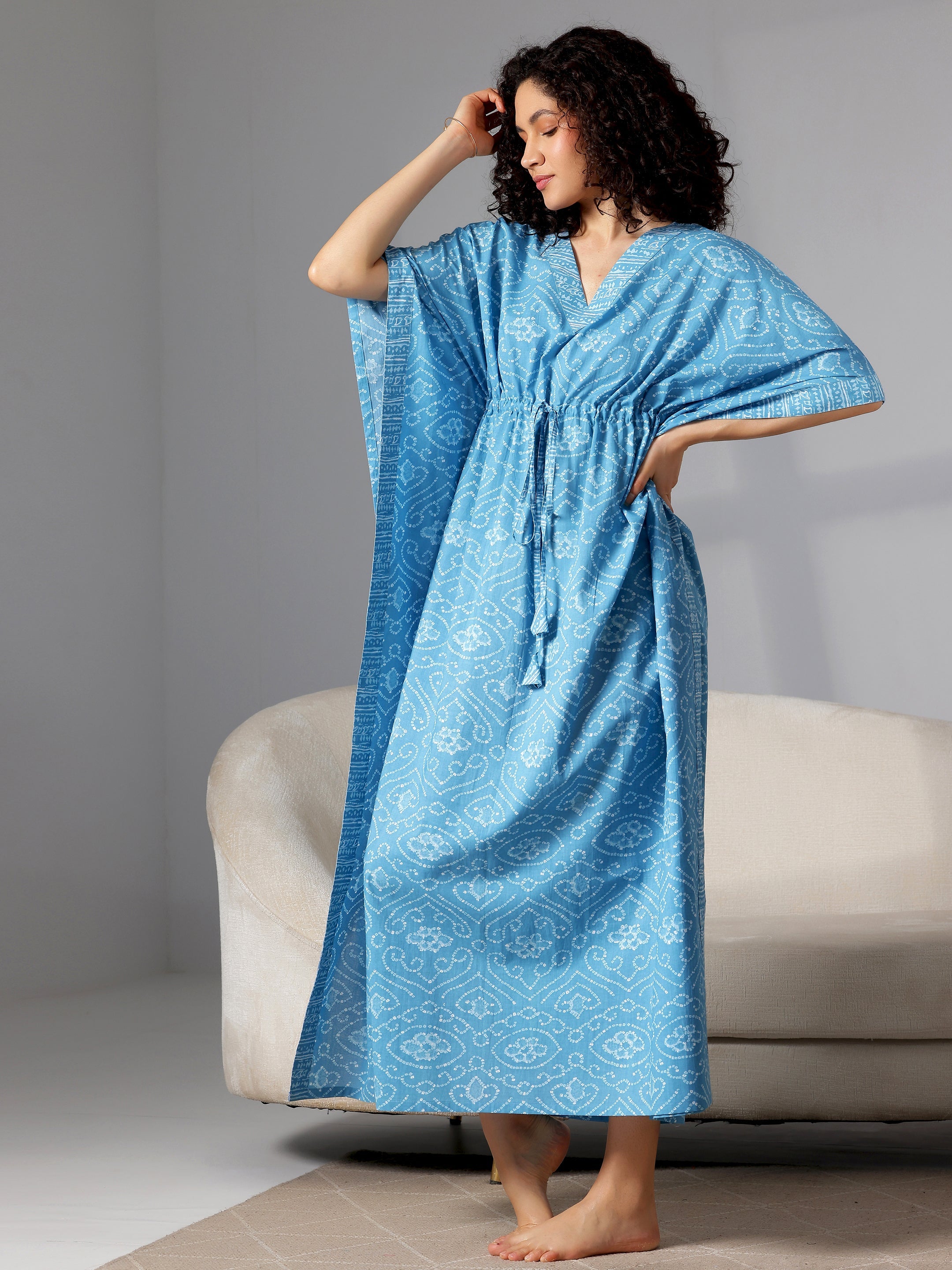 Blue Printed Cotton Kaftan Night Dress