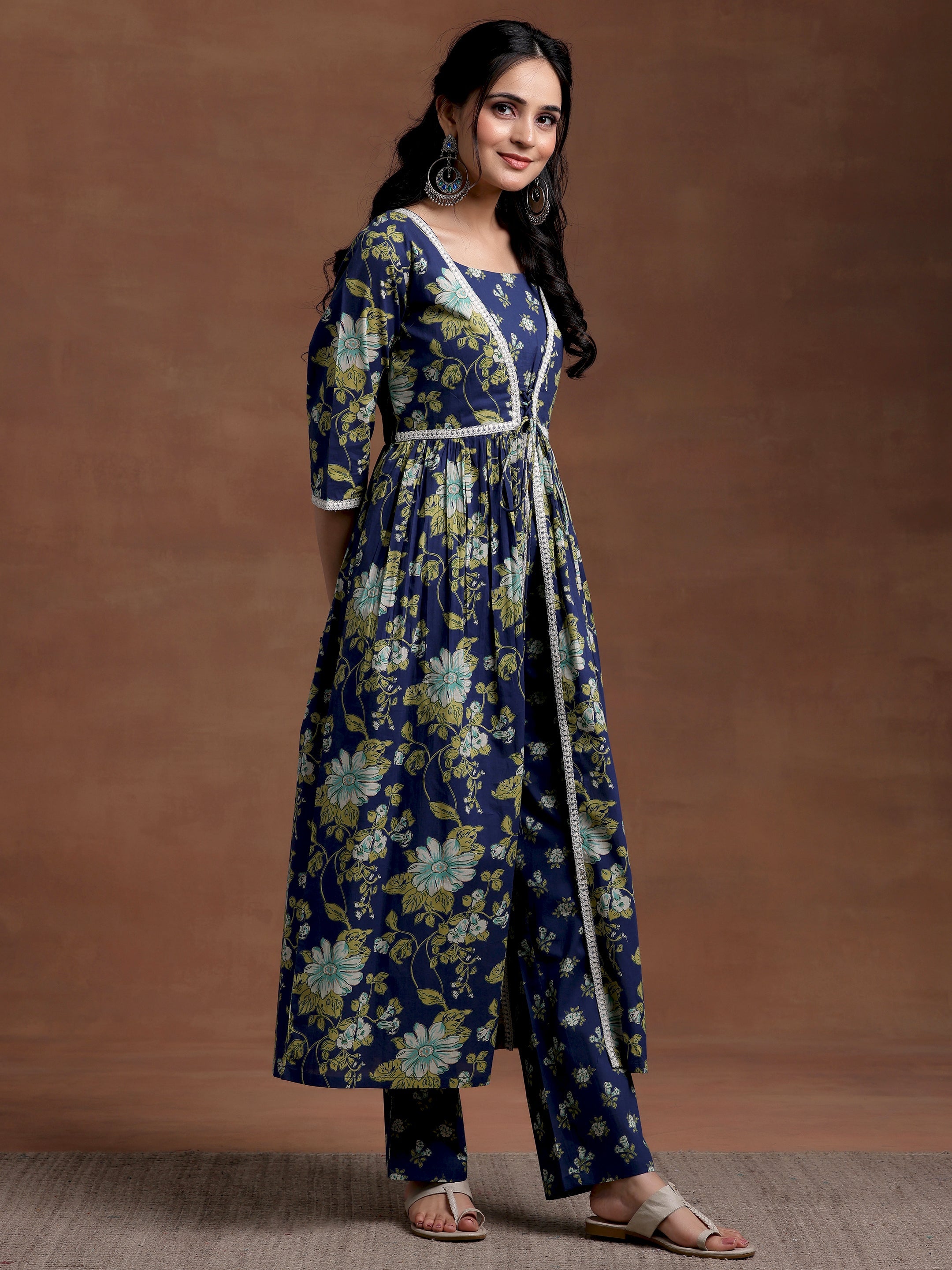 Blue Printed Cotton A-Line Kurta With Trousers