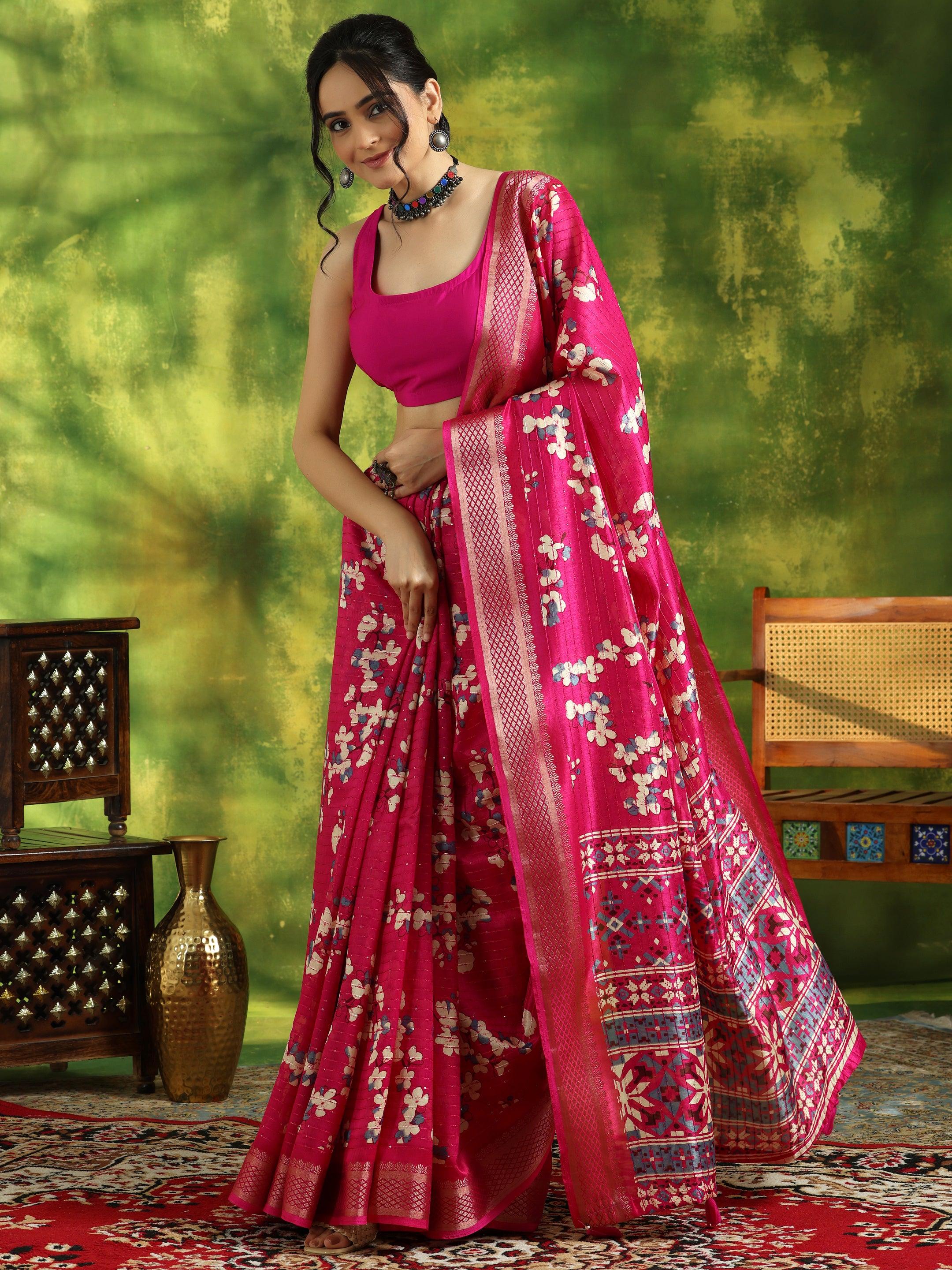 Pink Printed Silk Blend Saree With Unstitched Blouse Piece