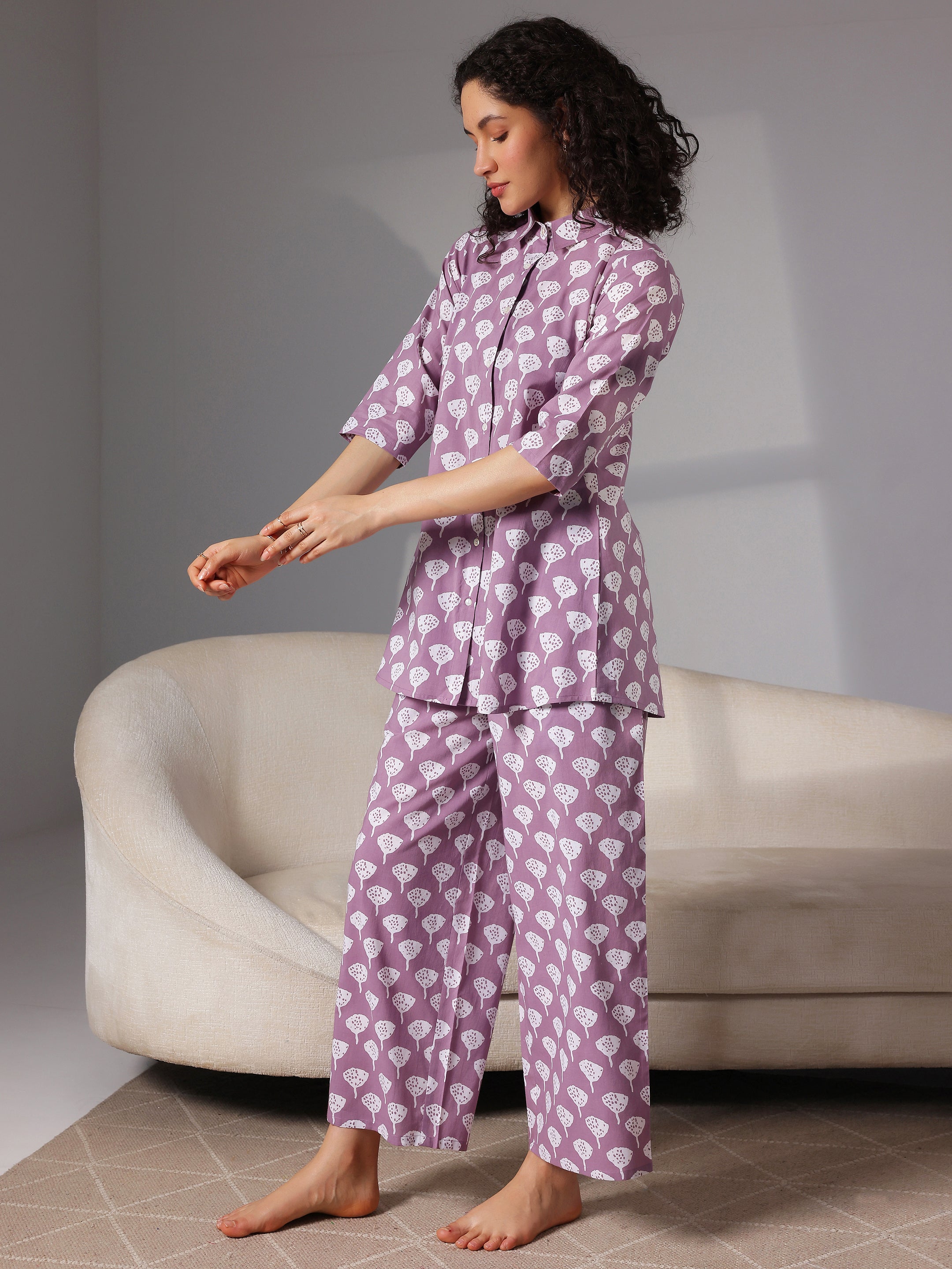 Purple Printed Cotton Night Suits