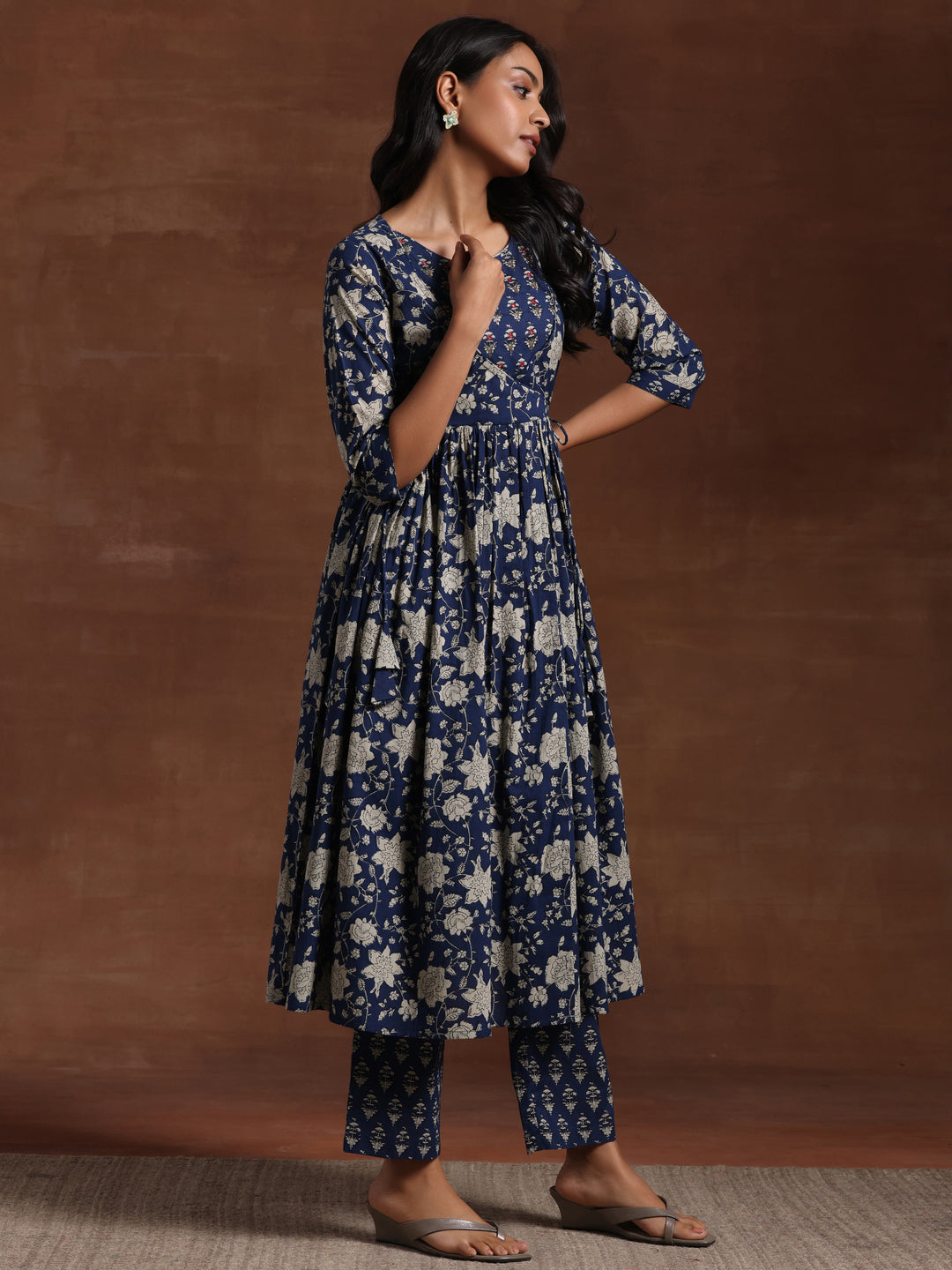 Blue Printed Pure Cotton Anarkali Suit With Dupatta