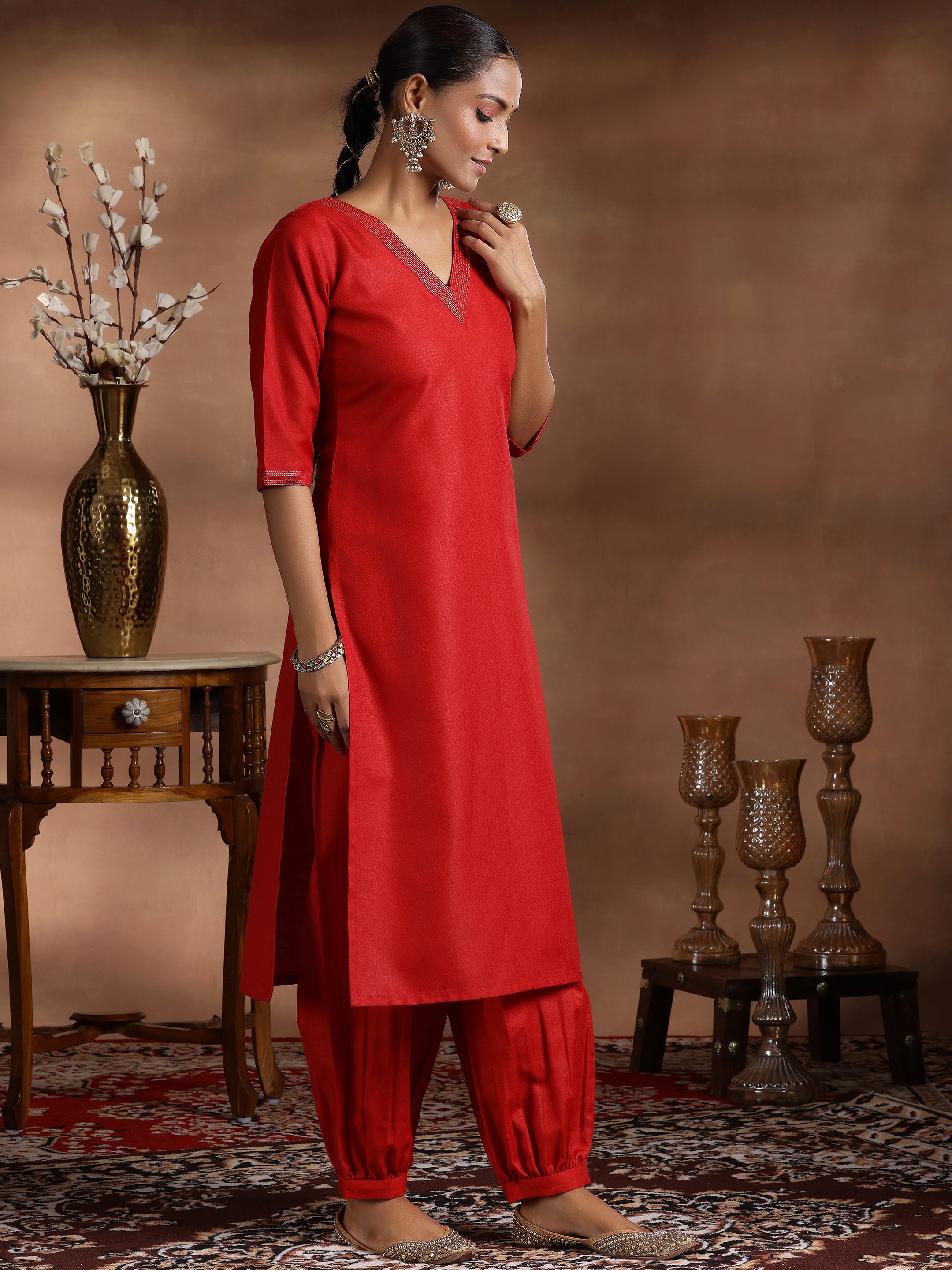 Red Solid Silk Blend Straight Suit With Dupatta