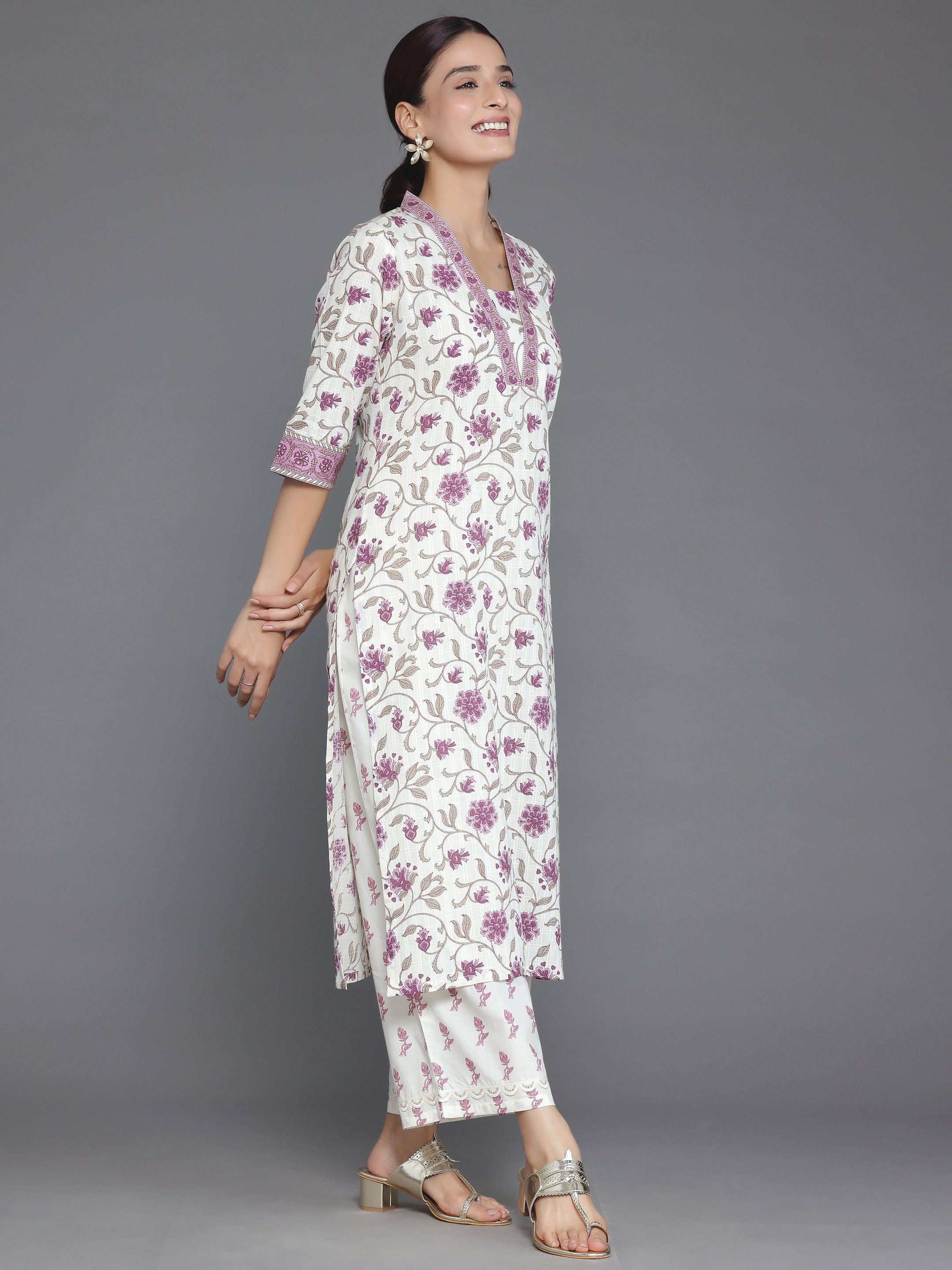 Off White Printed Cotton Straight Kurta