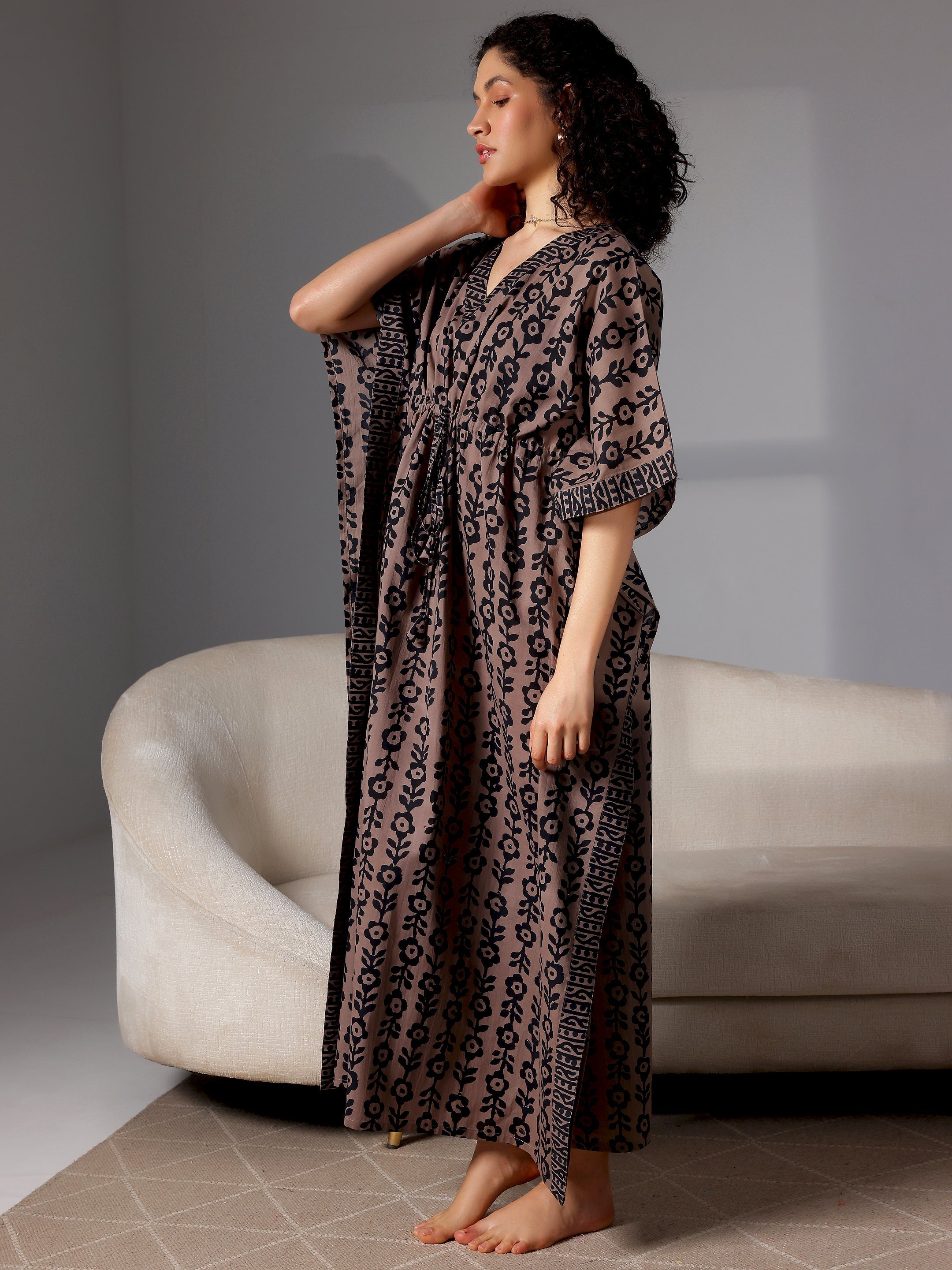 Black Printed Cotton Kaftan Night Dress