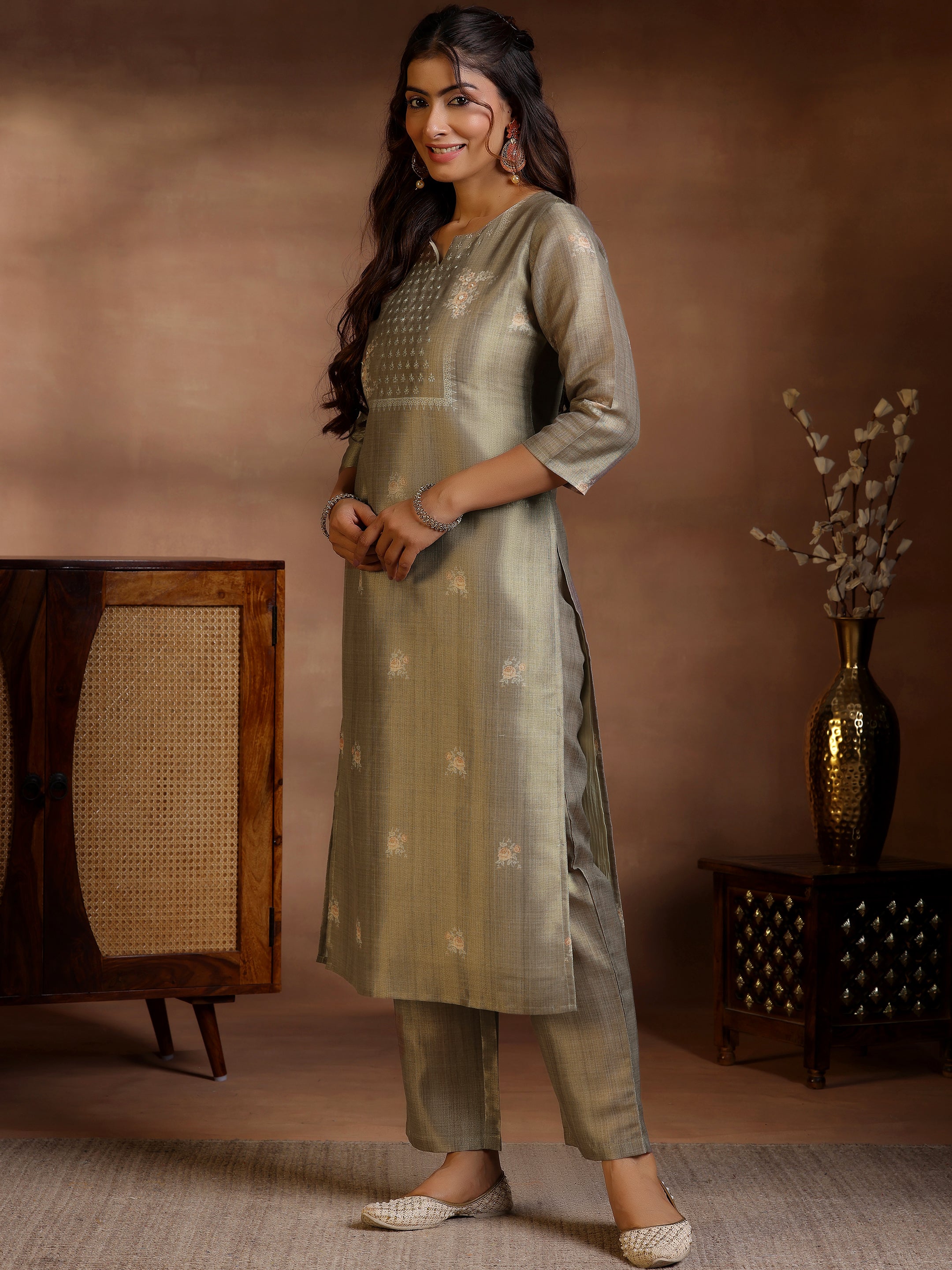 Brown Printed Silk Straight Suit With Dupatta