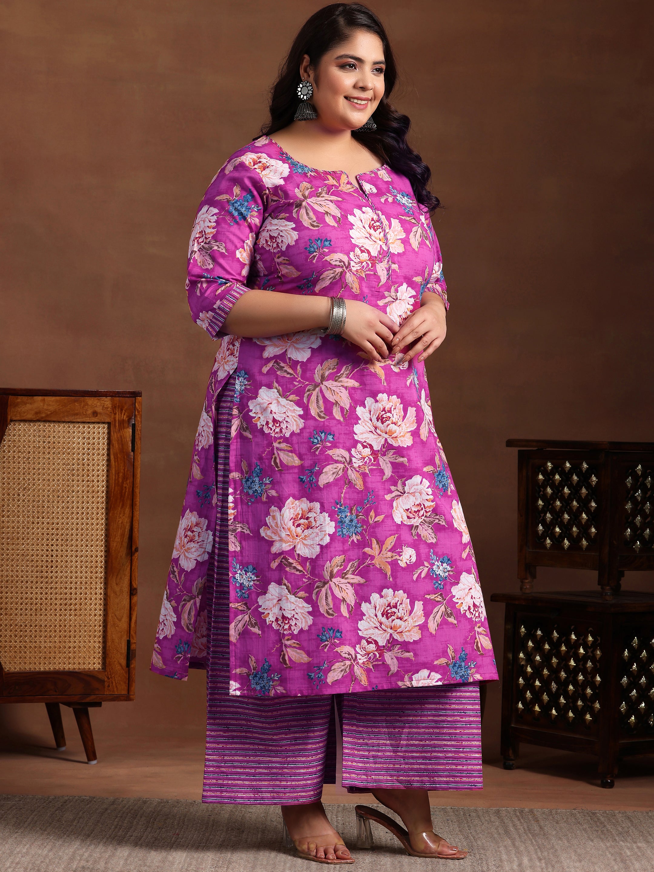 Plus Size Pink Printed Cotton Straight Suit With Dupatta