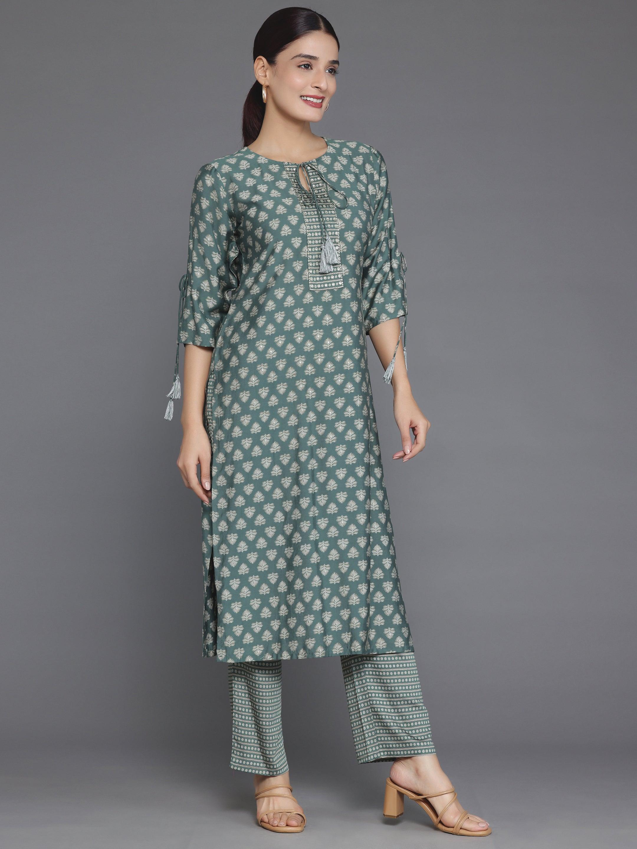 Green Printed Silk Blend Straight Kurta Set