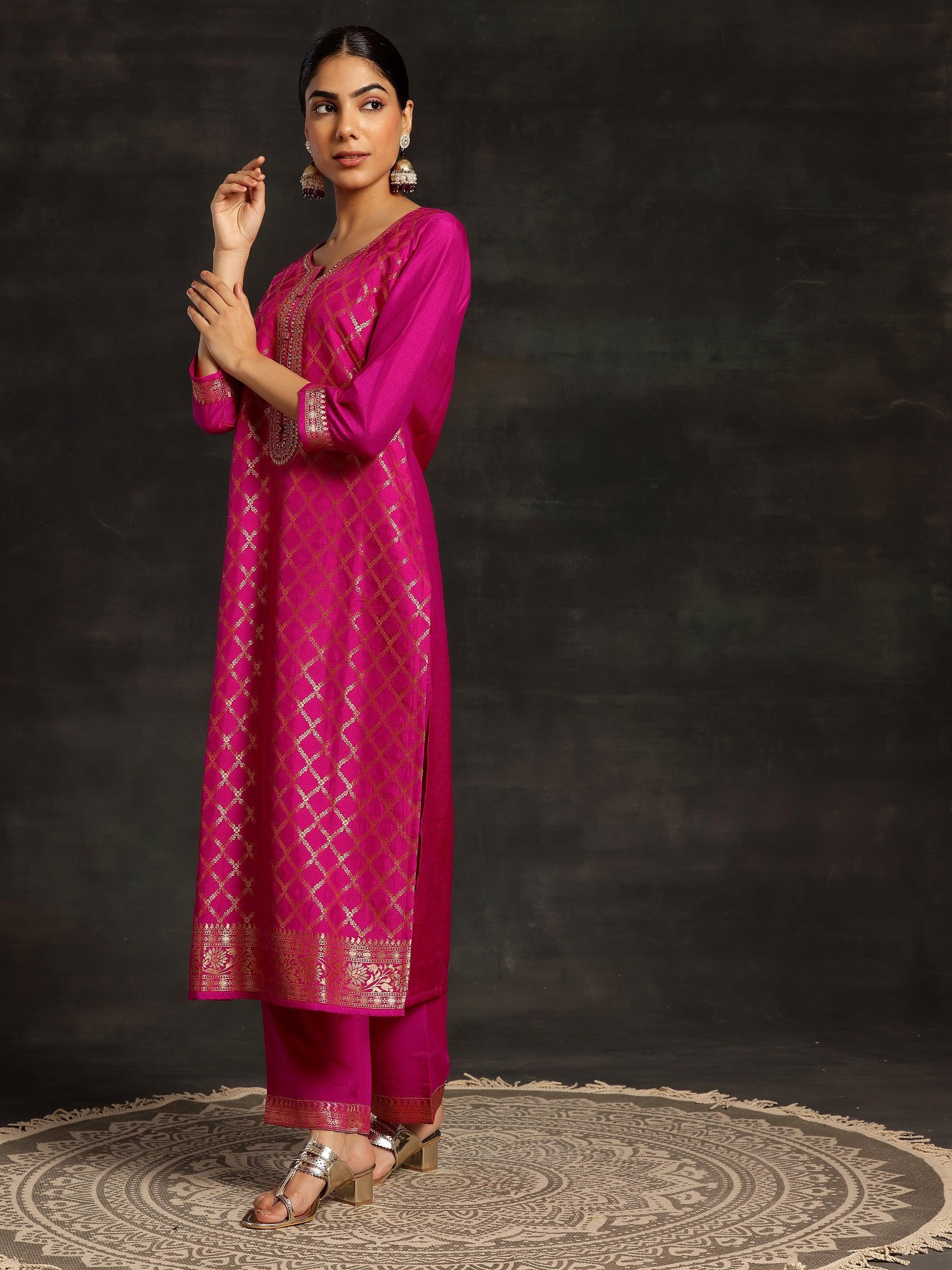 Pink Woven Design Silk Blend Straight Suit With Dupatta