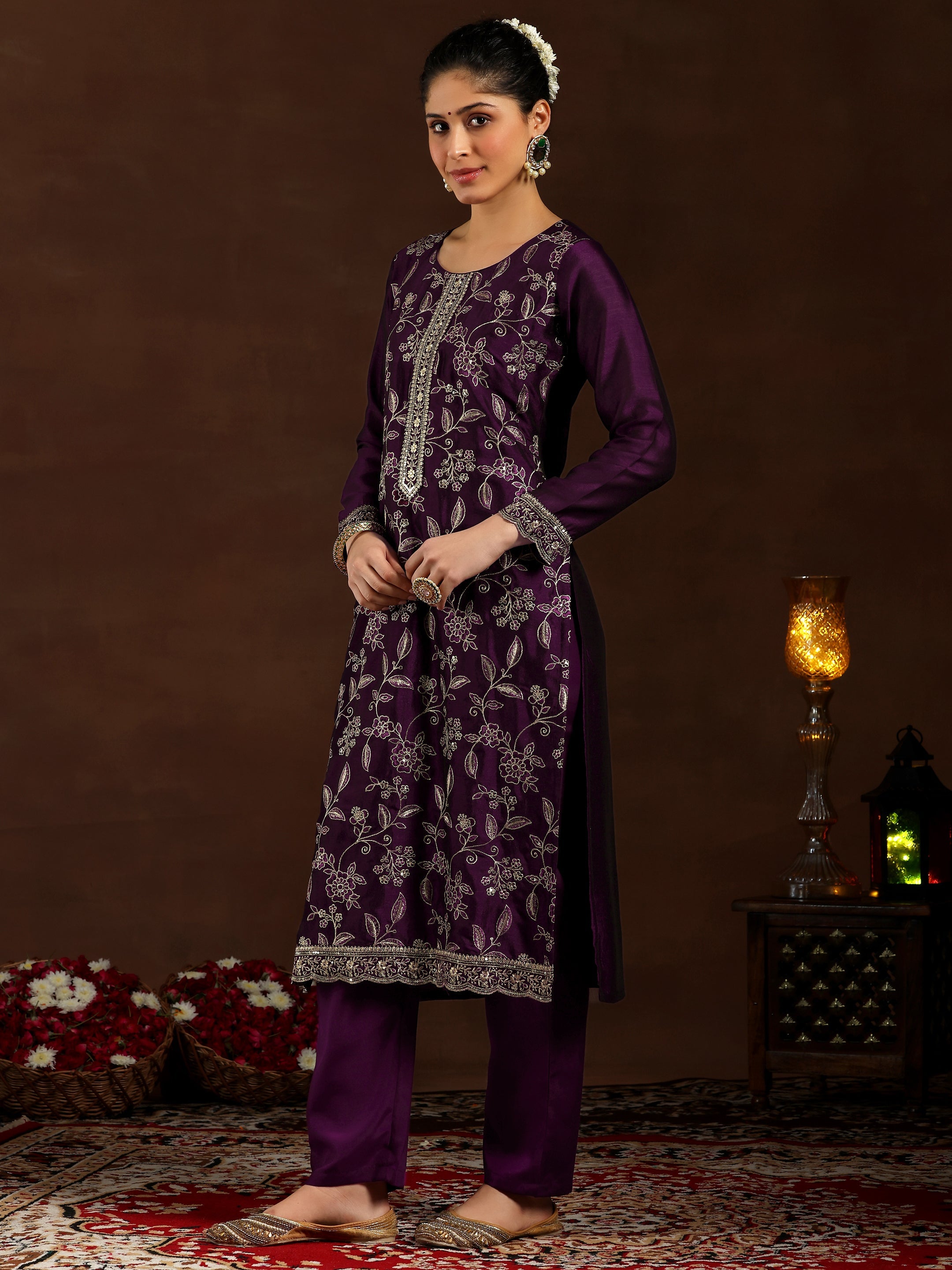 Wine Embroidered Silk Blend Straight Suit With Dupatta