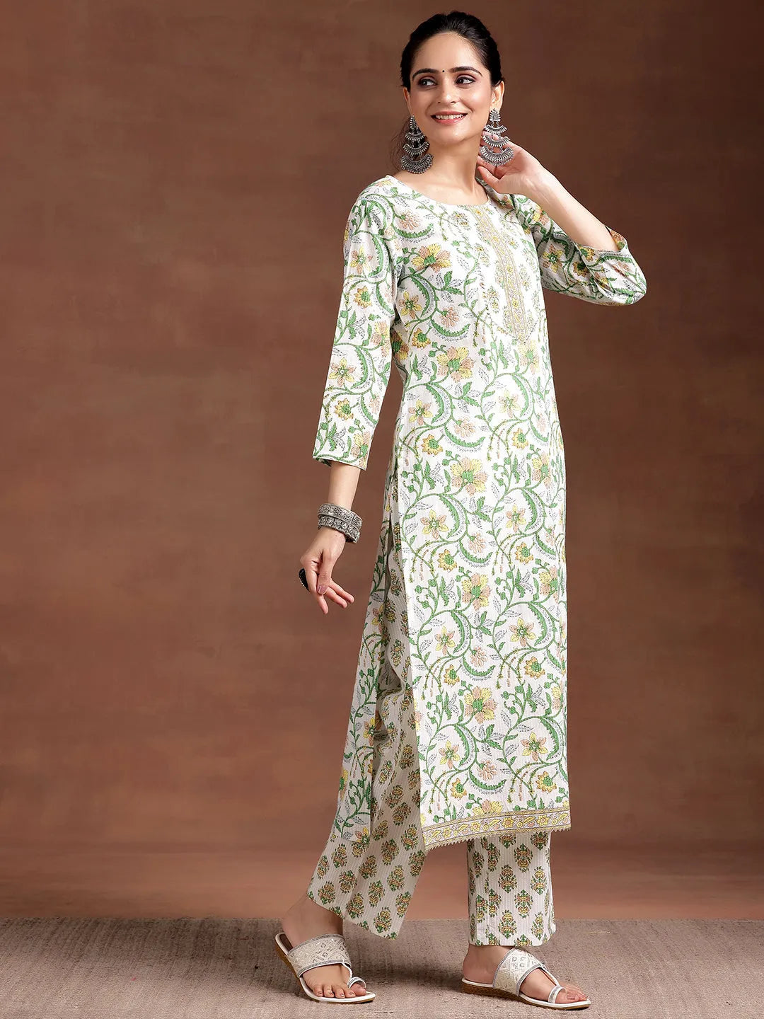 Off White Printed Cotton Straight Kurta Set