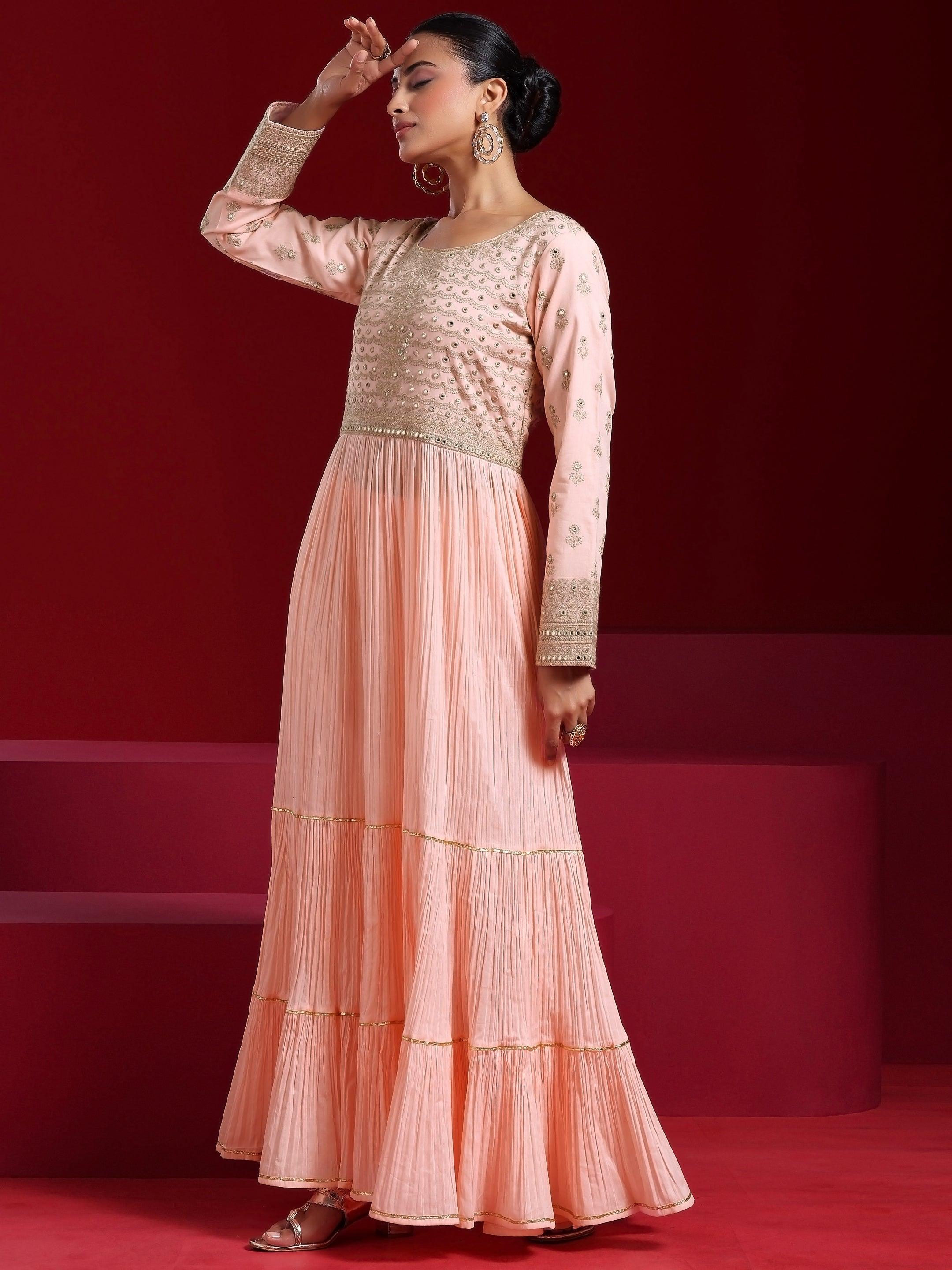 Libas Art Peach Embroidered Cotton Blend A-Line Kurta With Sharara & Dupatta