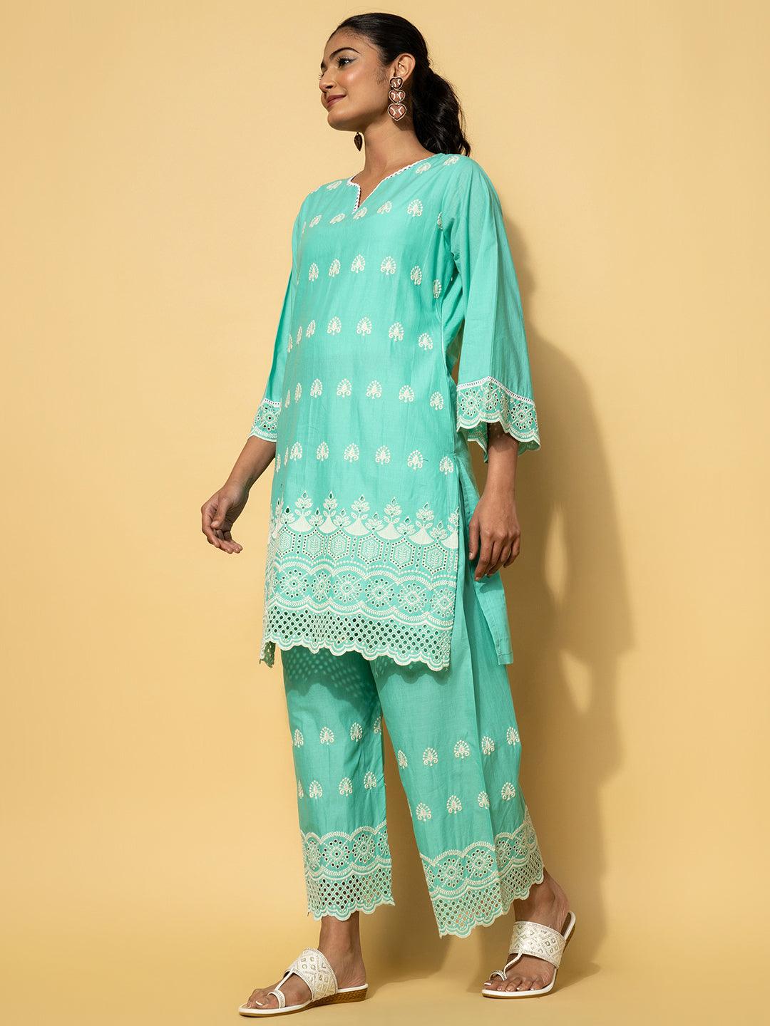 Green Embroidered Cotton Co-Ords