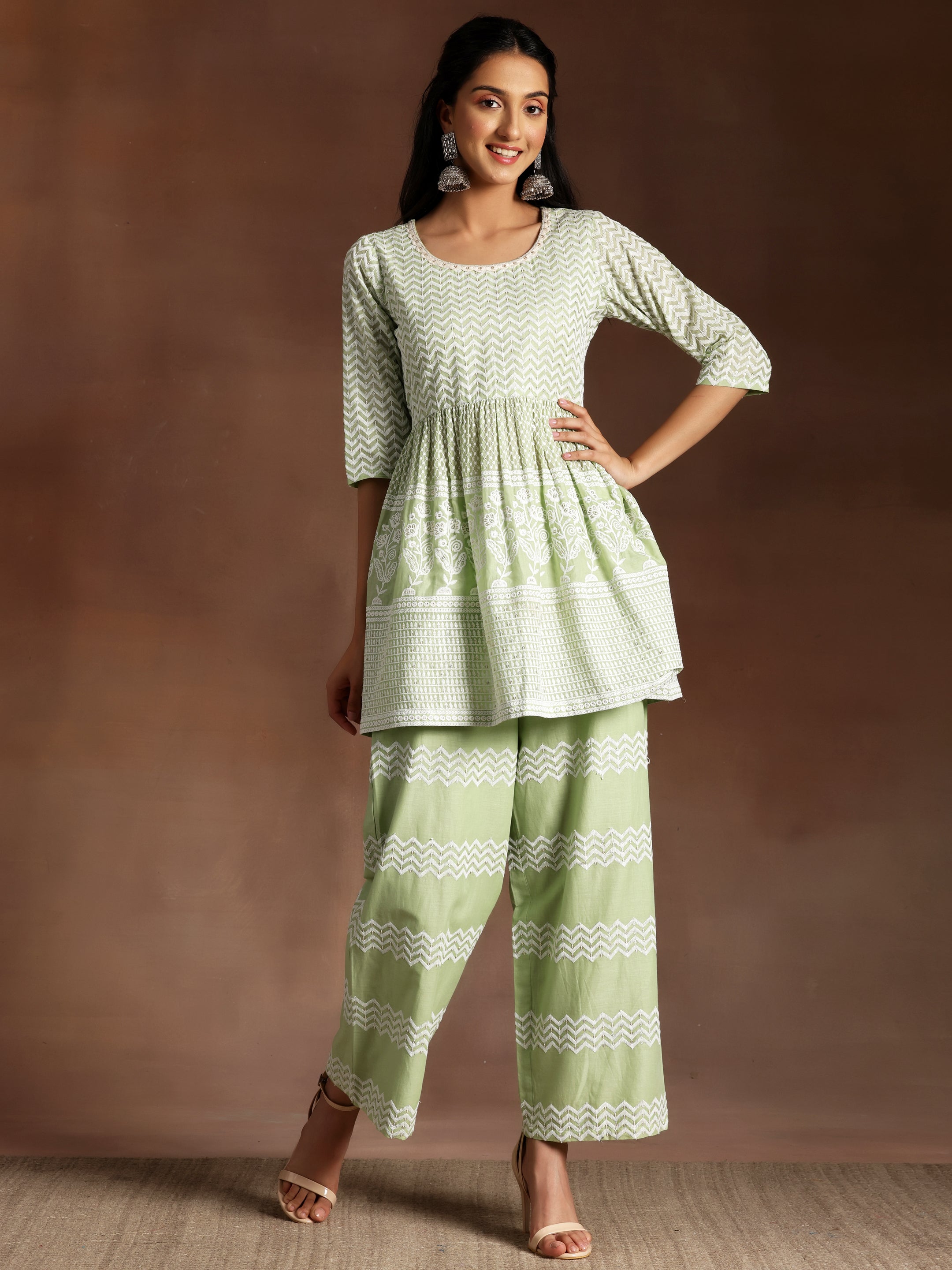 Green Embroidered Cotton Co-Ords