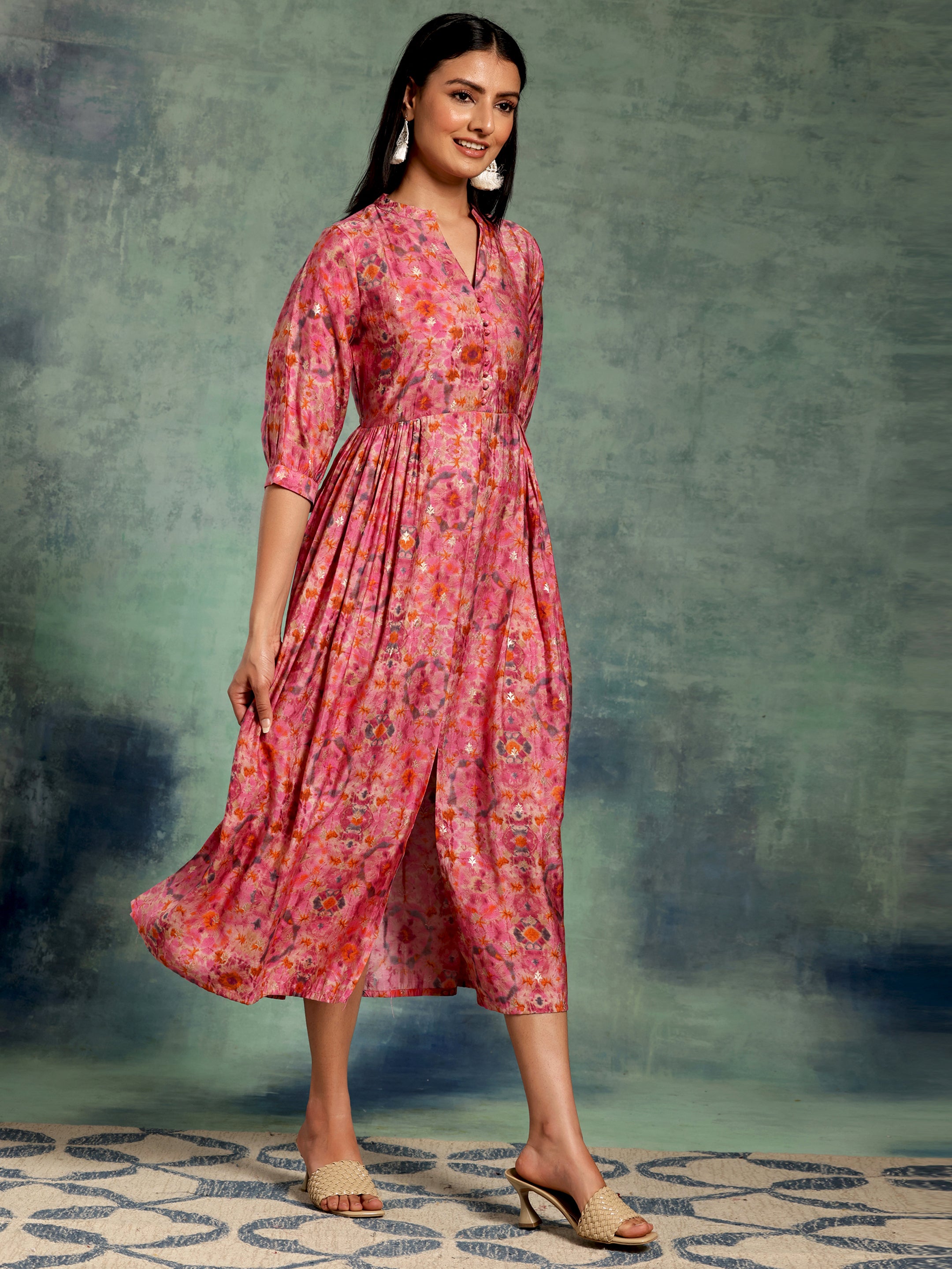 Pink Printed Silk Fit and Flare Dress