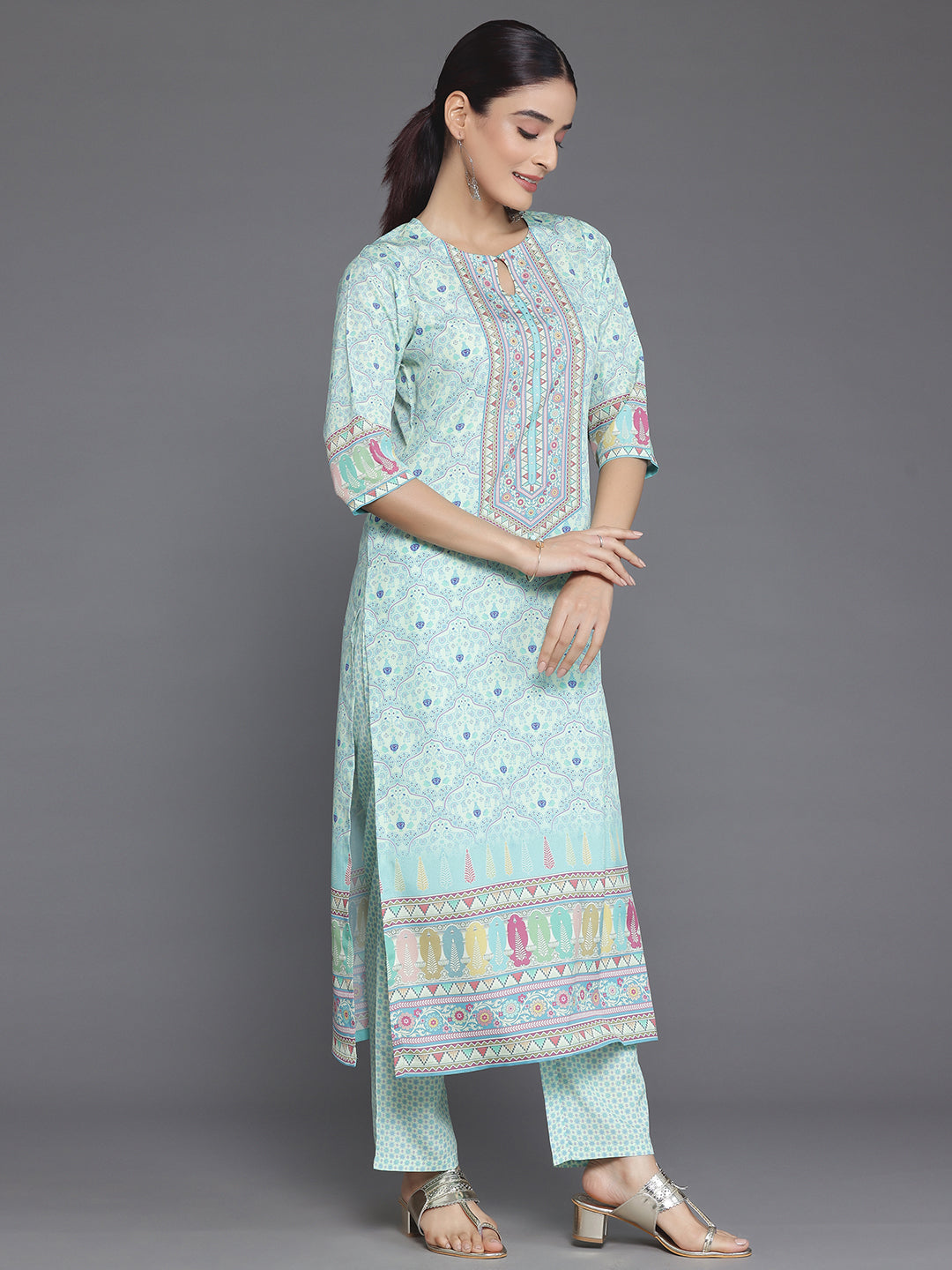 Green Printed Poly Crepe Straight Suit With Dupatta