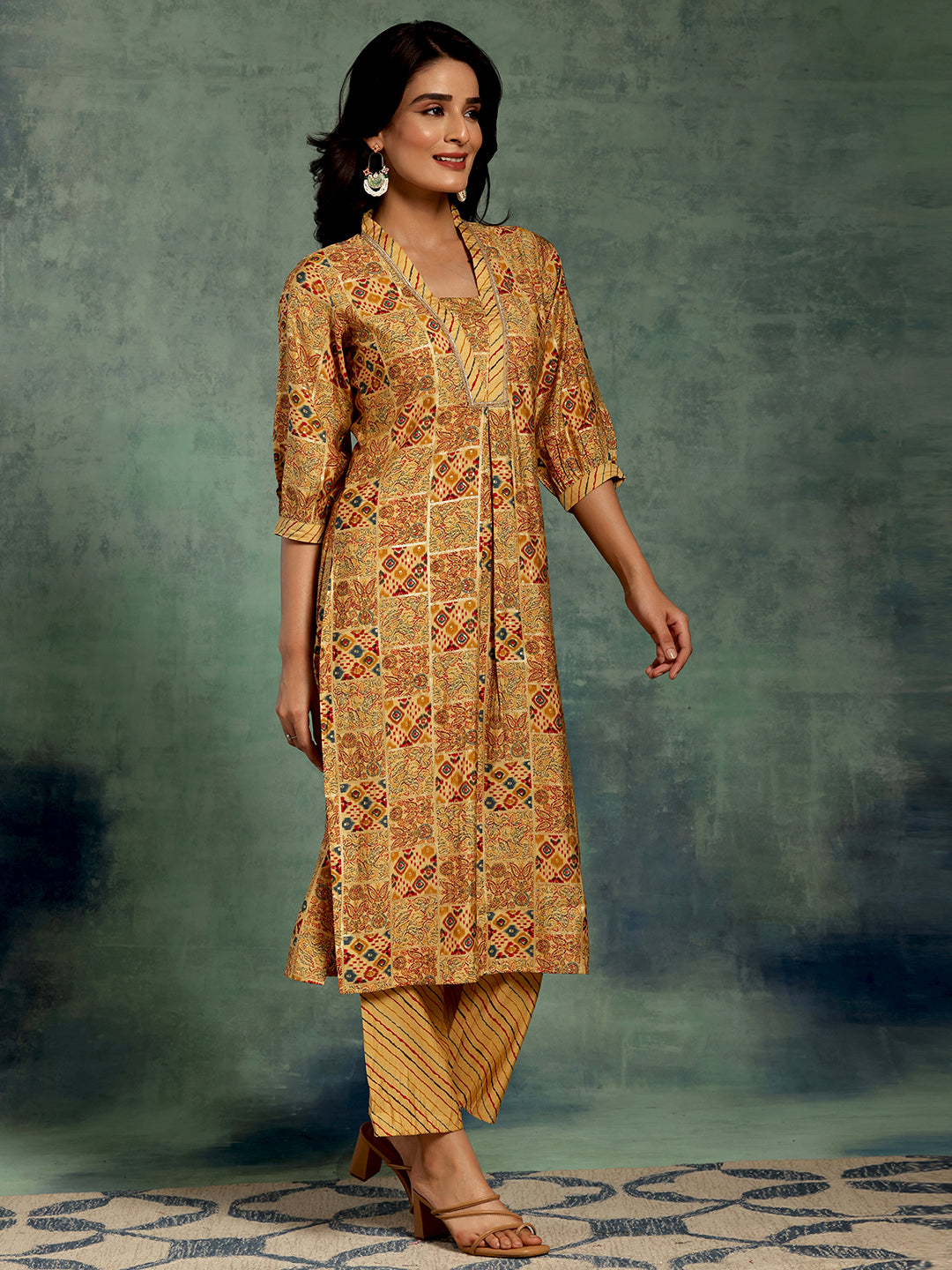 Yellow Printed Silk Blend Straight Kurta Set