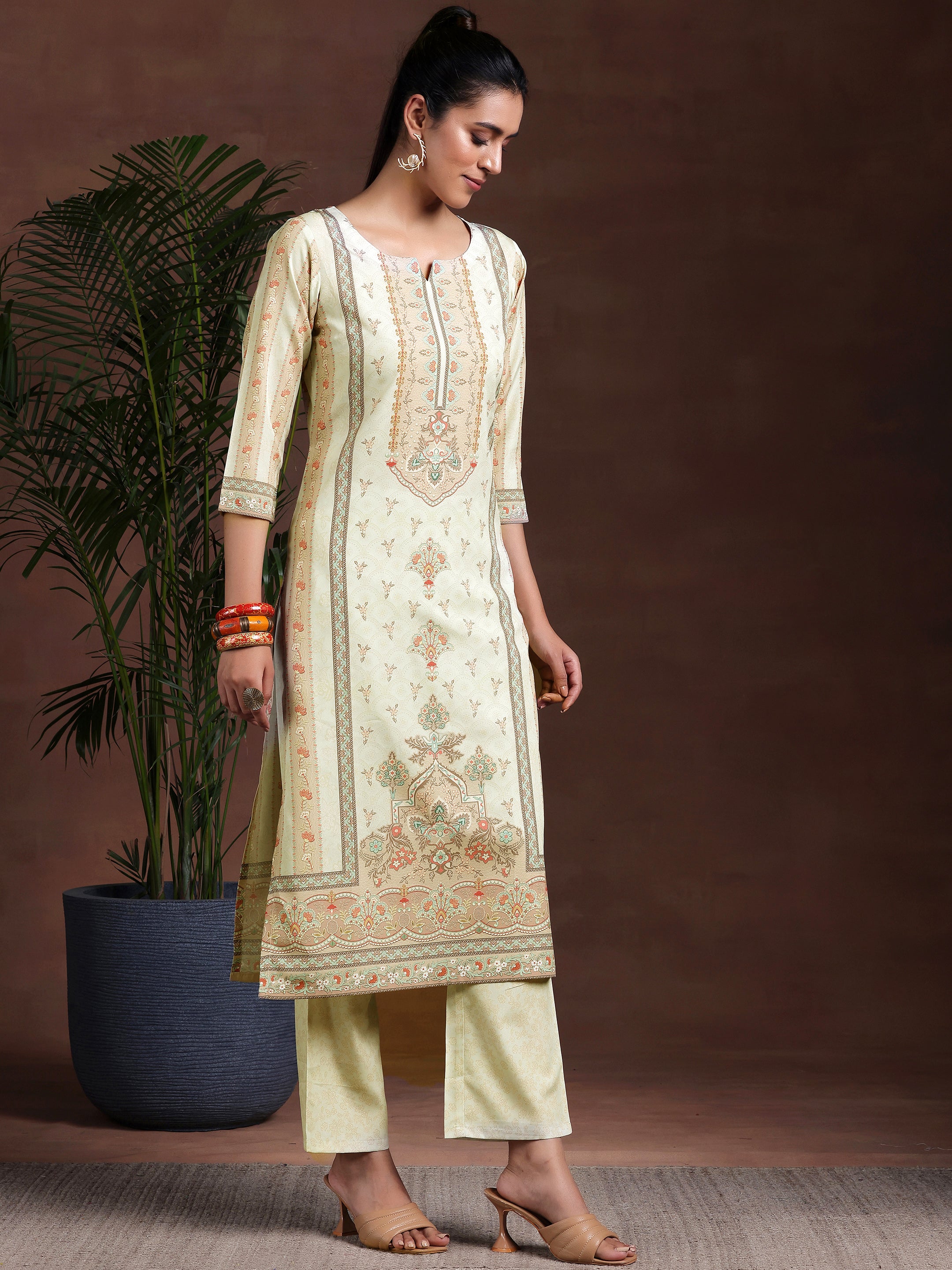 Beige Printed Poly Crepe Straight Suit With Dupatta