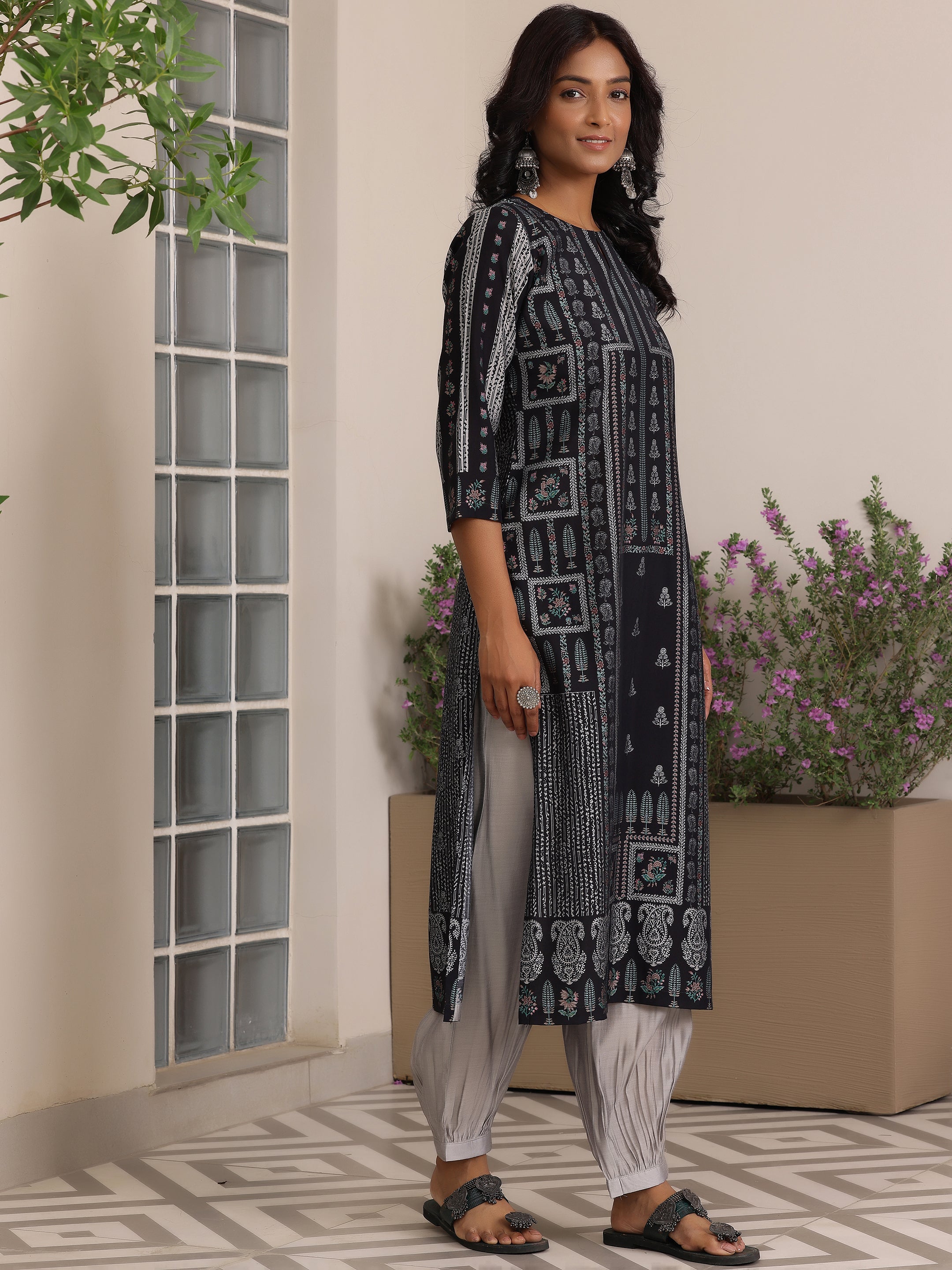 Black Printed Cotton Straight Suit With Dupatta