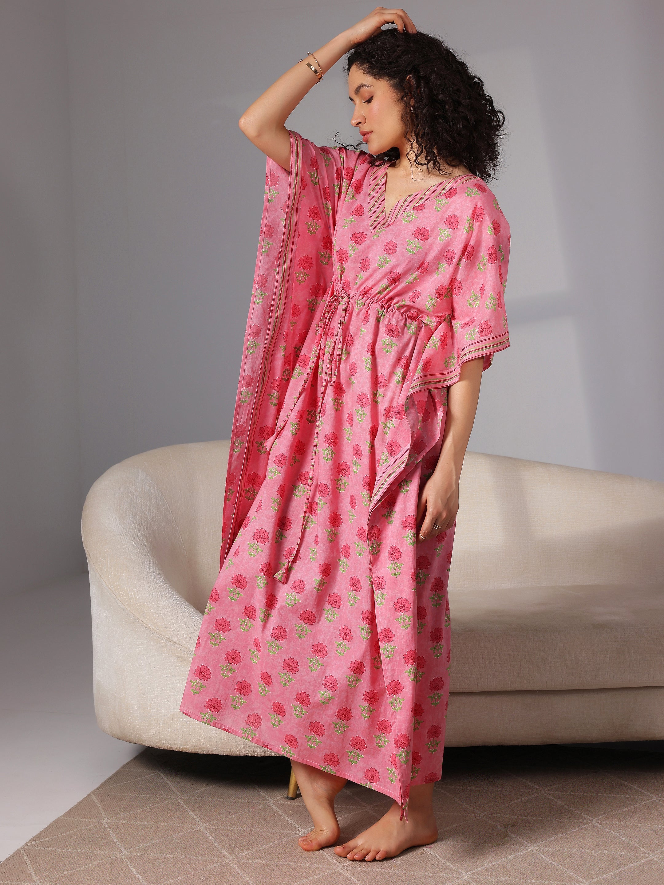 Pink Printed Cotton Kaftan Night Dress