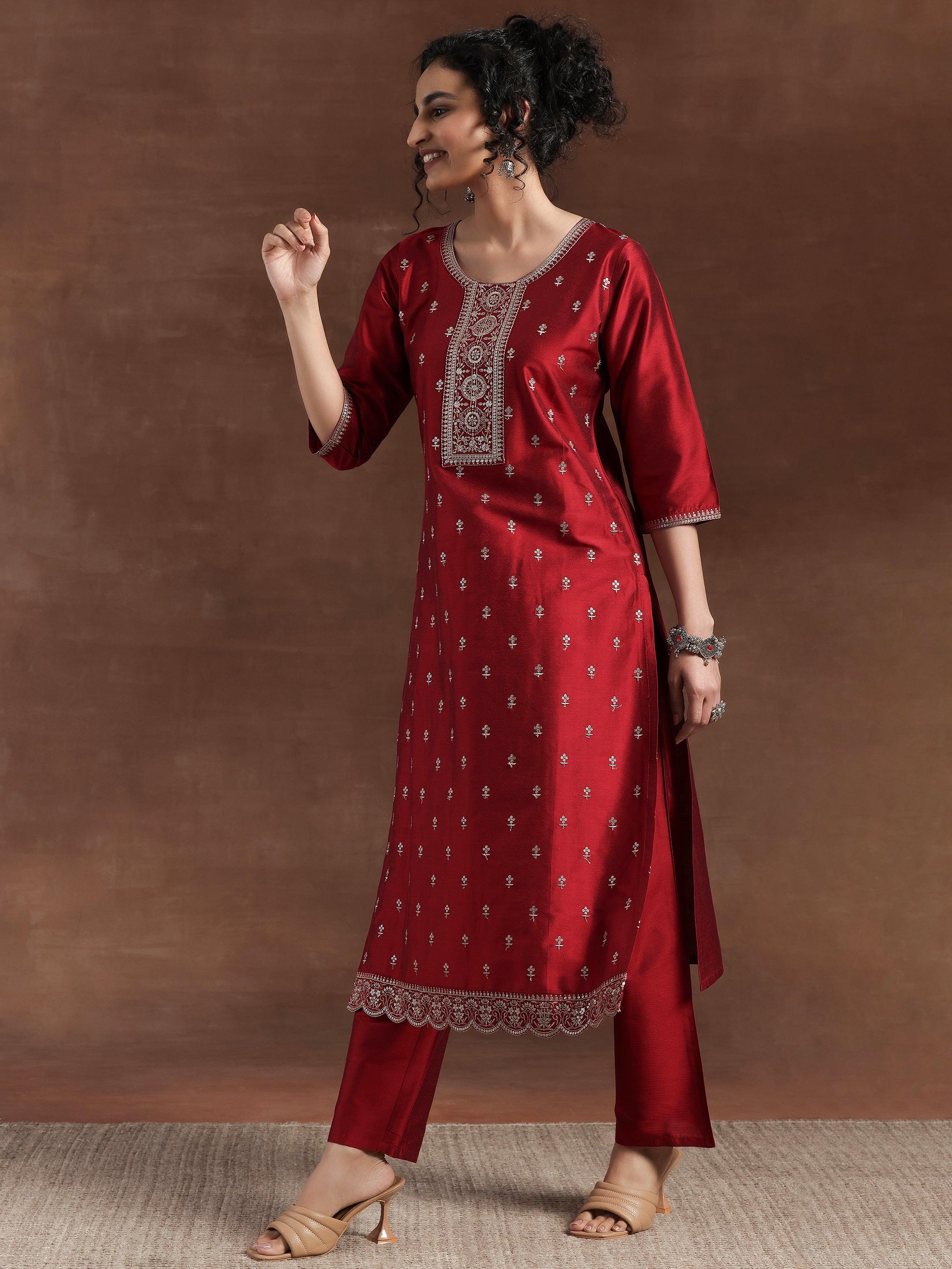 Red Embroidered Silk Blend Straight Suit With Dupatta