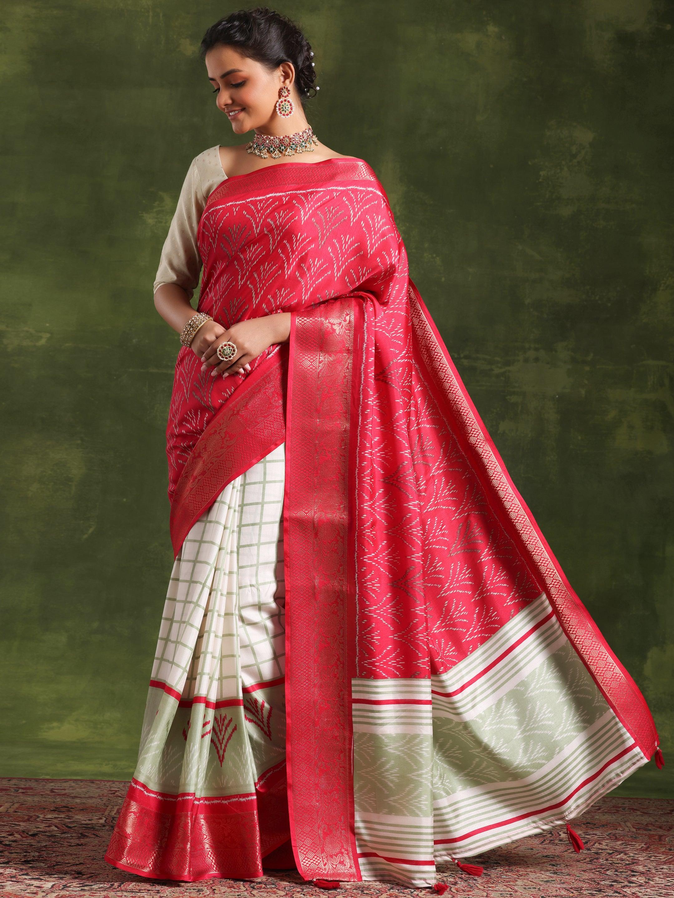 Pink Printed Silk Blend Saree With Unstitched Blouse Piece