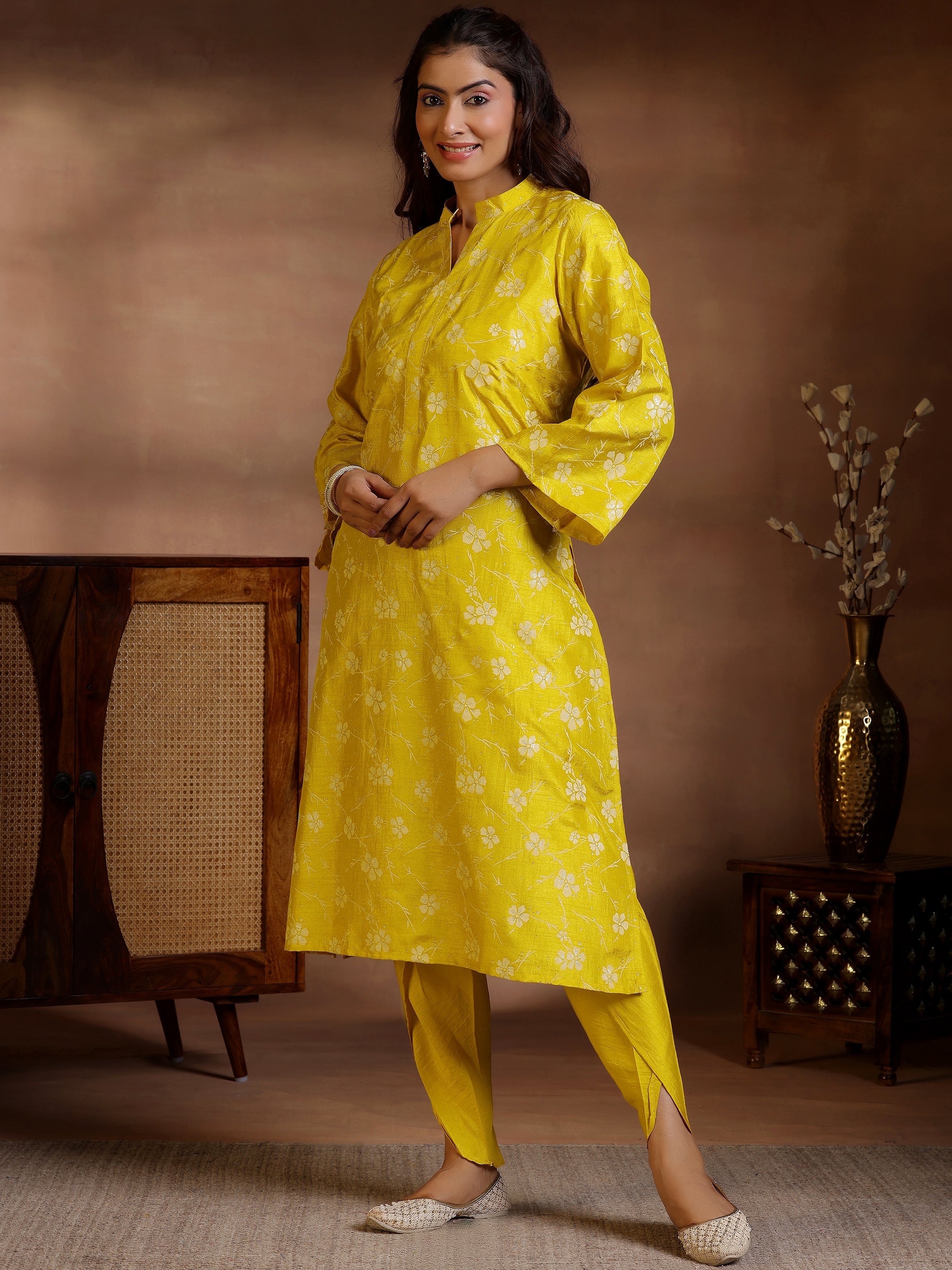 Mustard Printed Silk Blend Straight Kurta Set