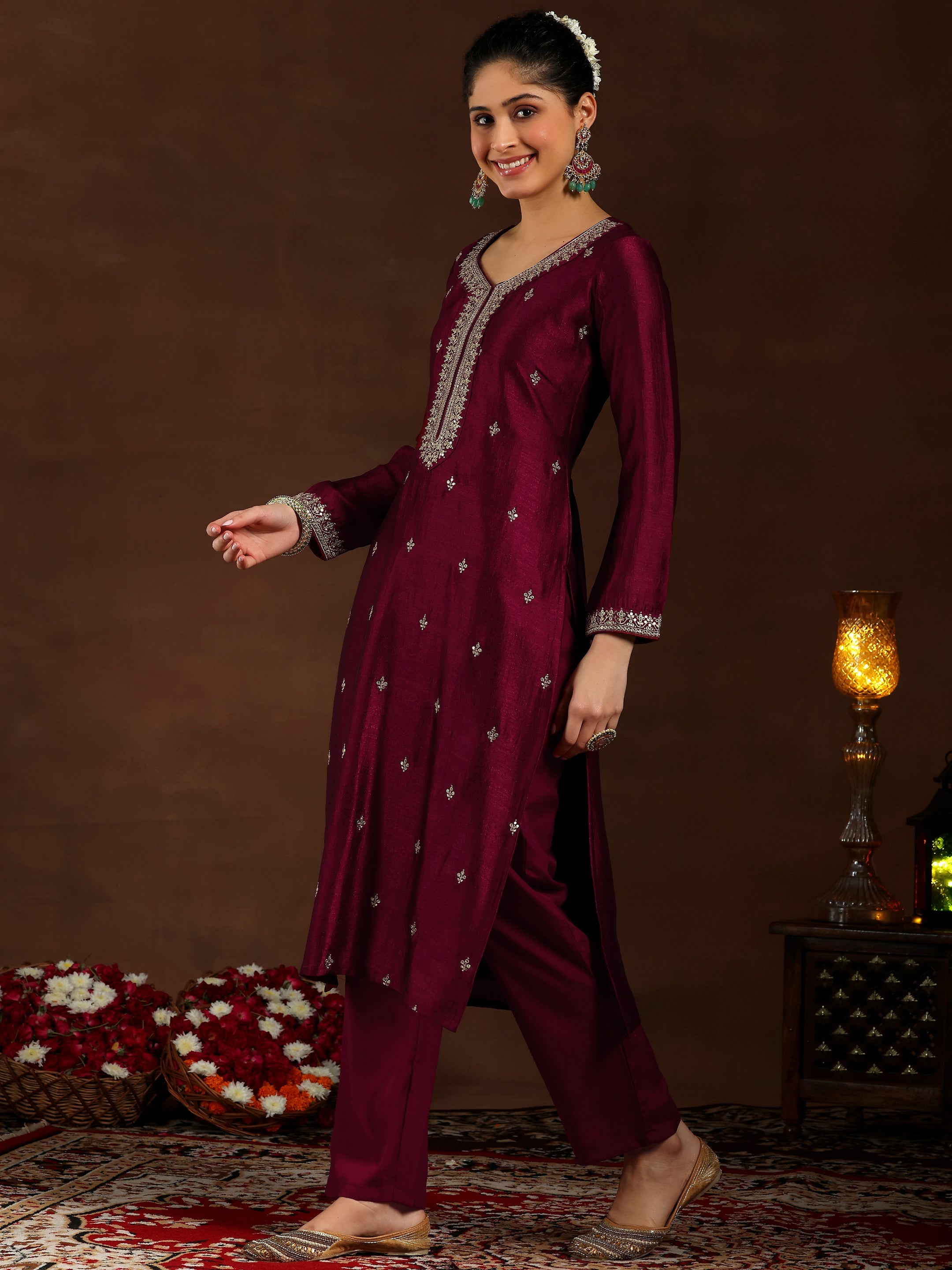 Maroon Embroidered Silk Blend Straight Suit With Dupatta