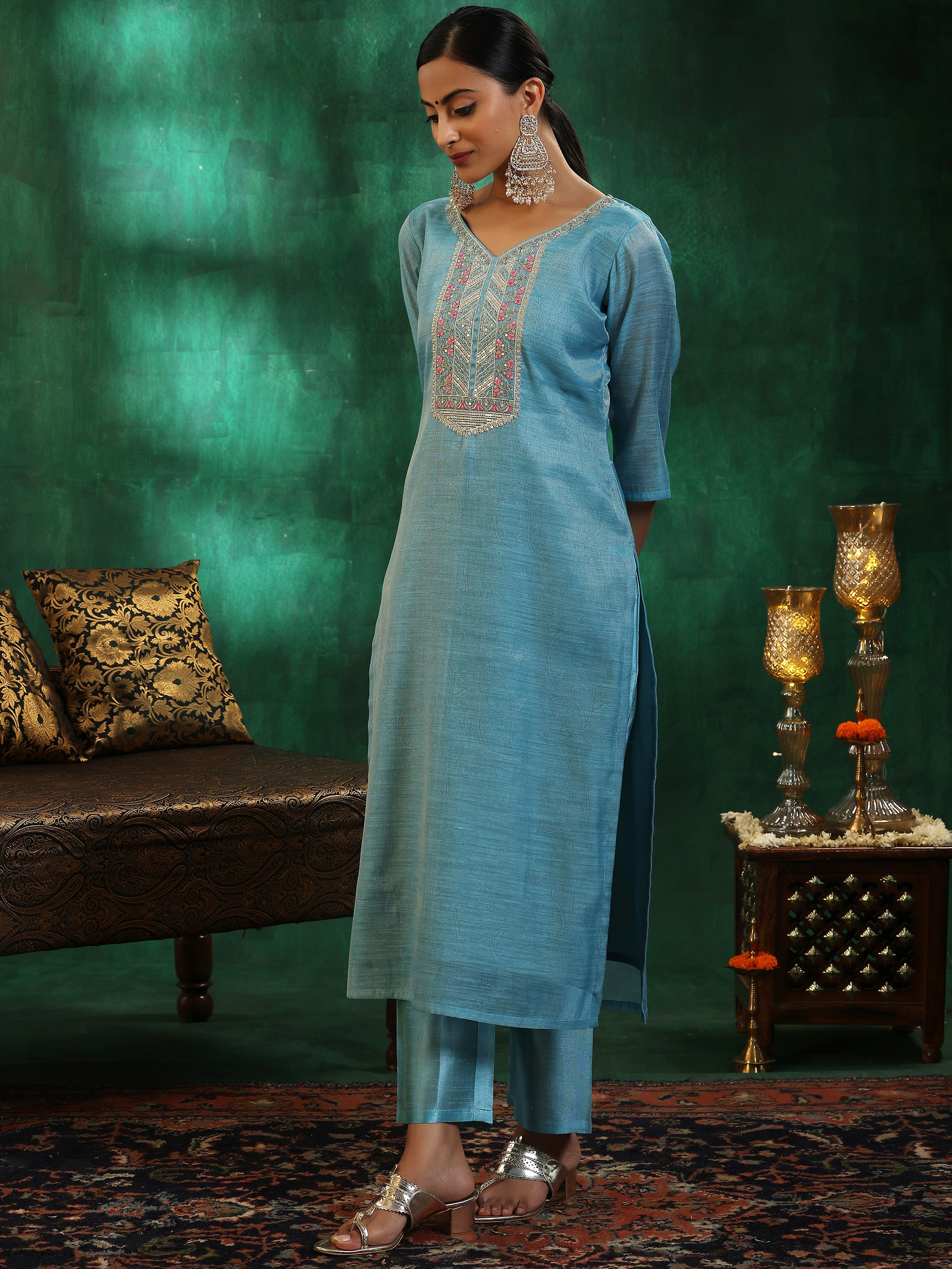 Turquoise Blue Yoke Design Silk Blend Straight Suit With Dupatta