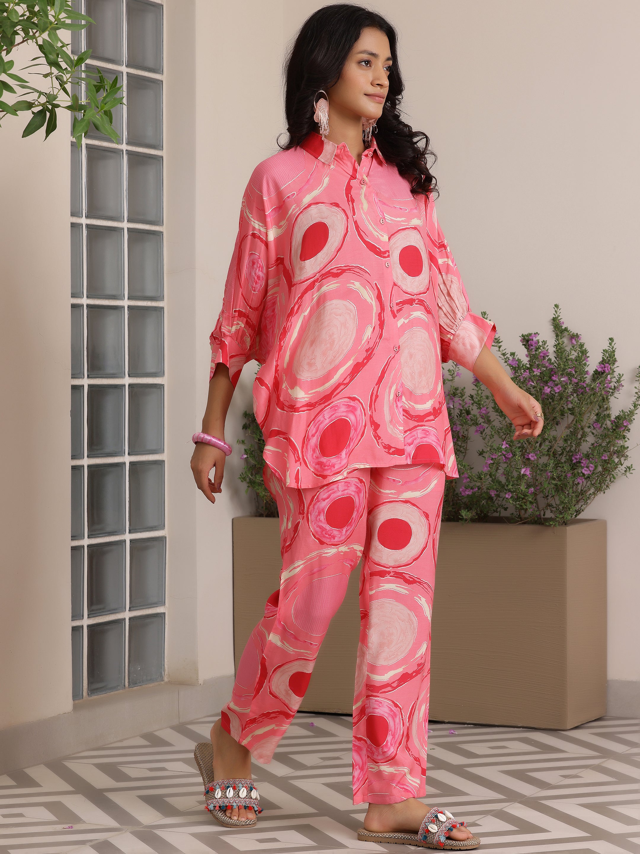 Pink Printed Silk Blend Co-Ords