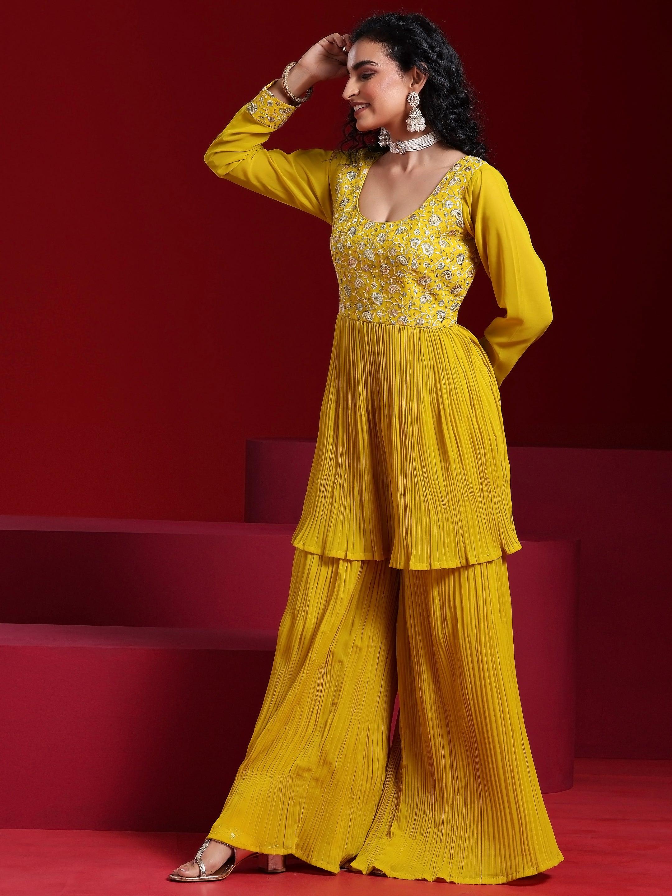 Libas Art Mustard Embroidered Georgette A-Line Kurta With Sharara & Dupatta