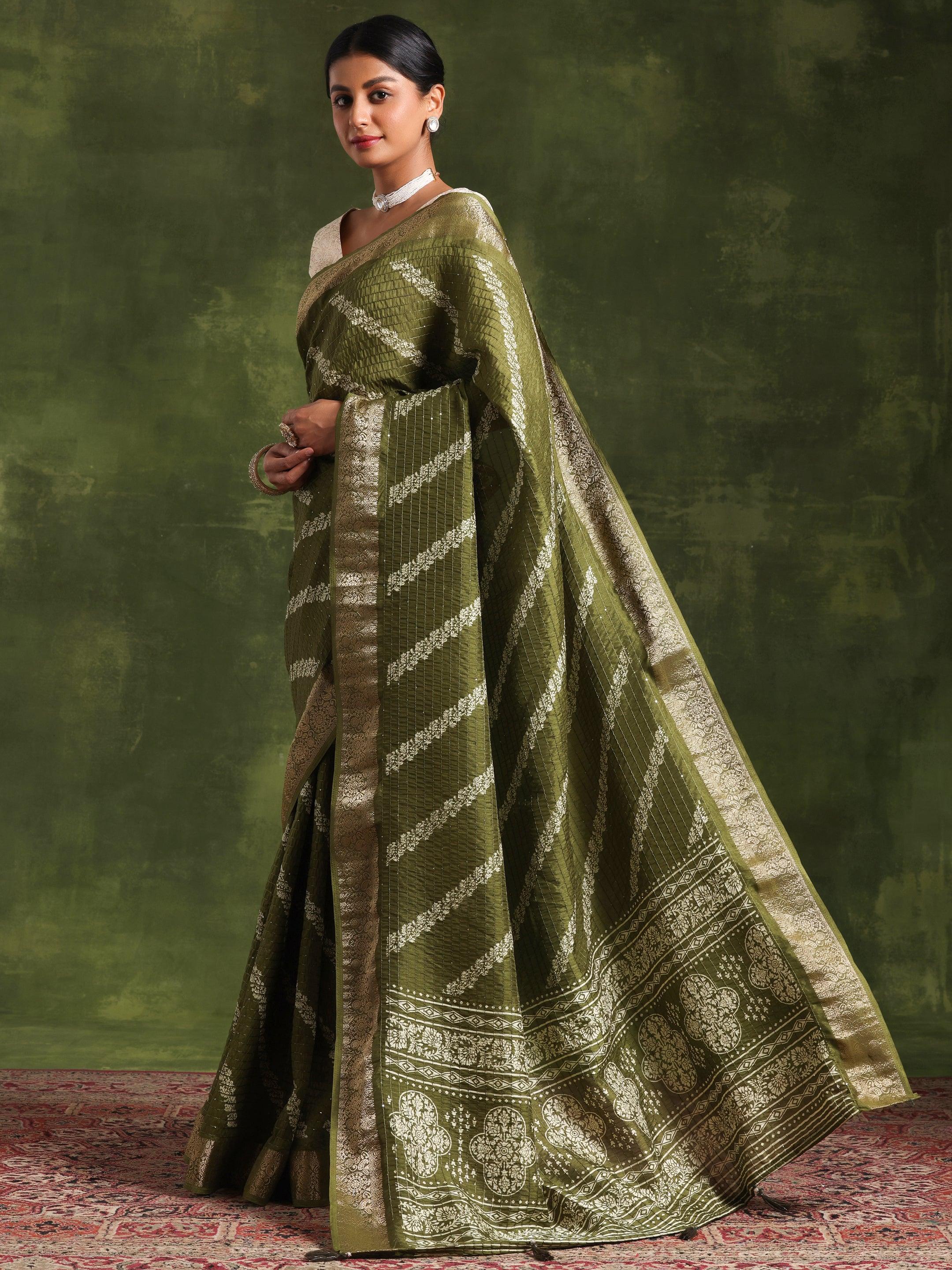 Green Printed Silk Blend Saree With Unstitched Blouse Piece