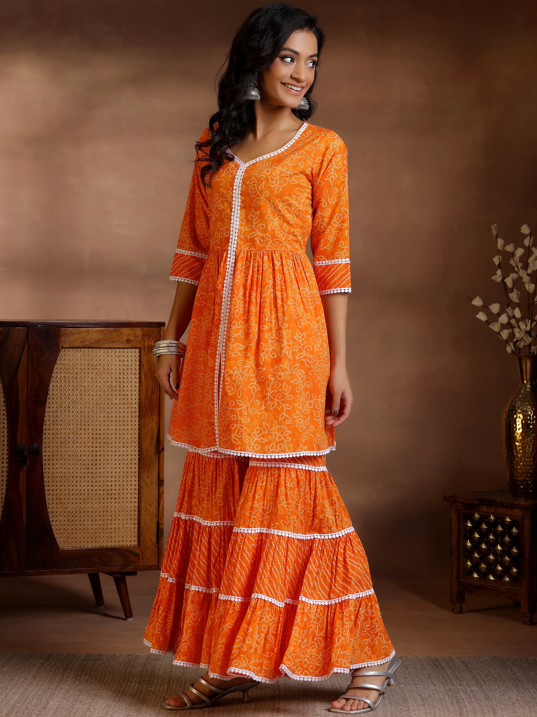 Orange Printed Cotton A-Line Kurti With Sharara & Dupatta