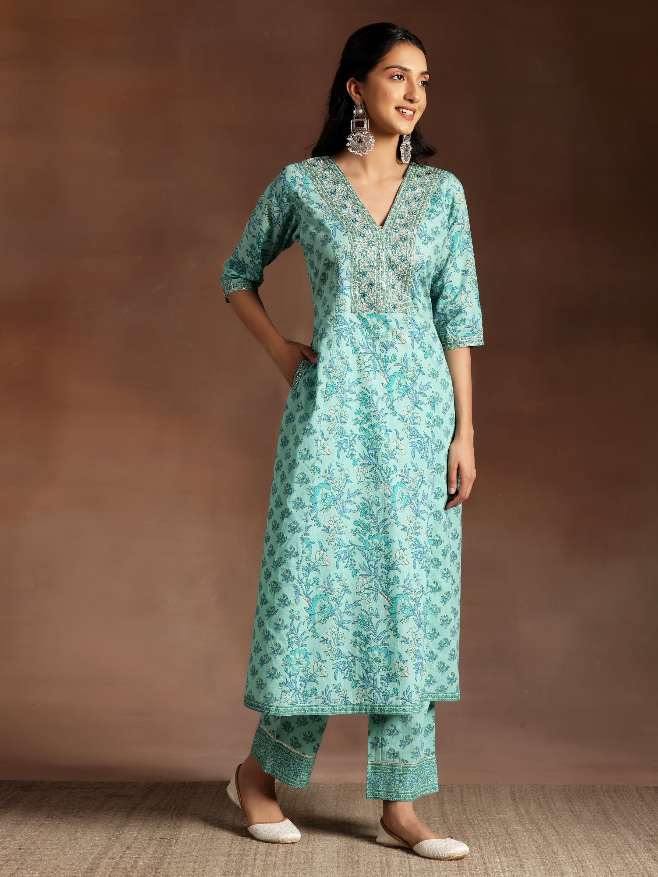 Turquoise Printed Cotton A-Line Kurta With Palazzos & Dupatta