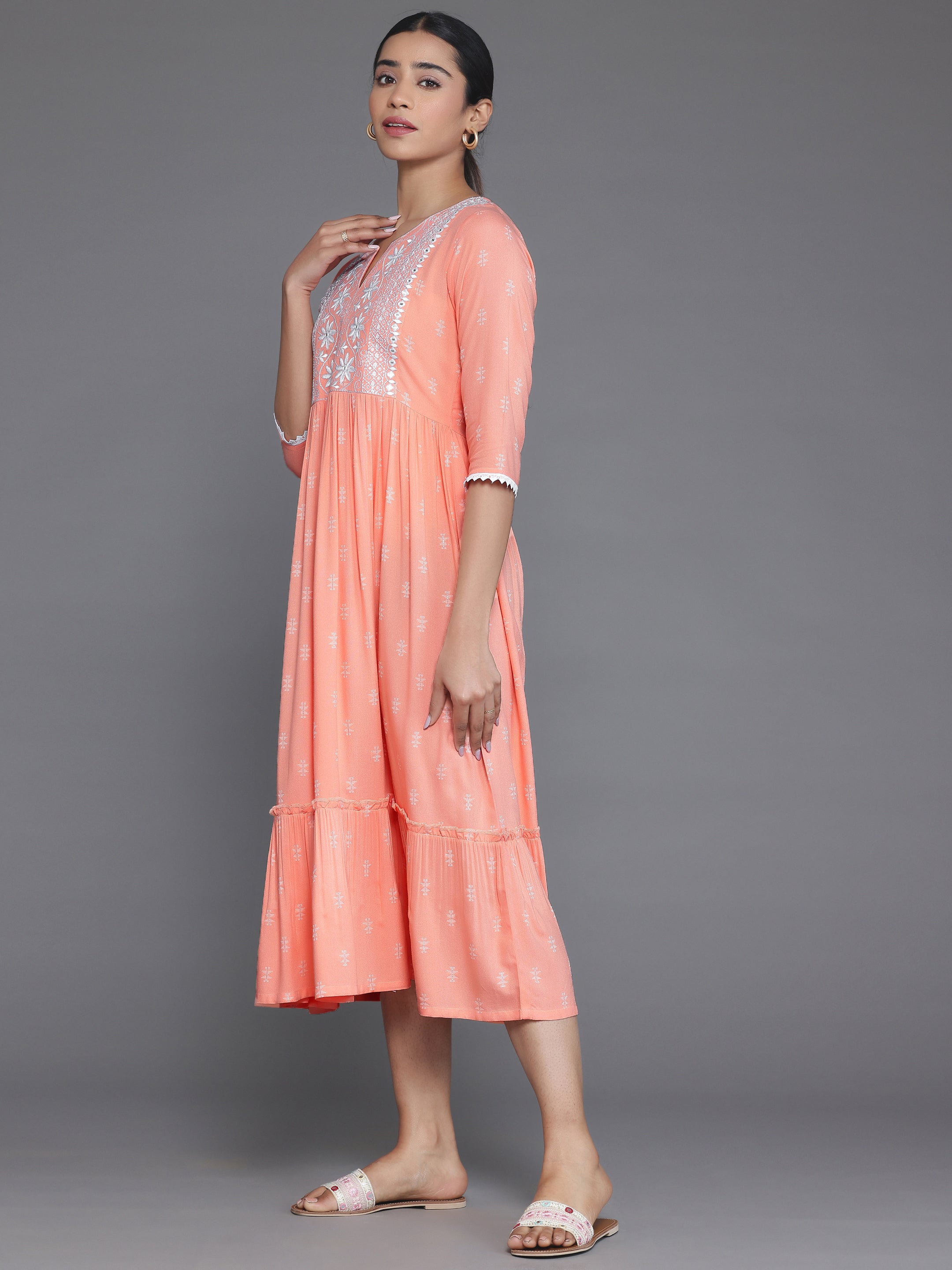 Peach Self Design Viscose Rayon A-Line Dress