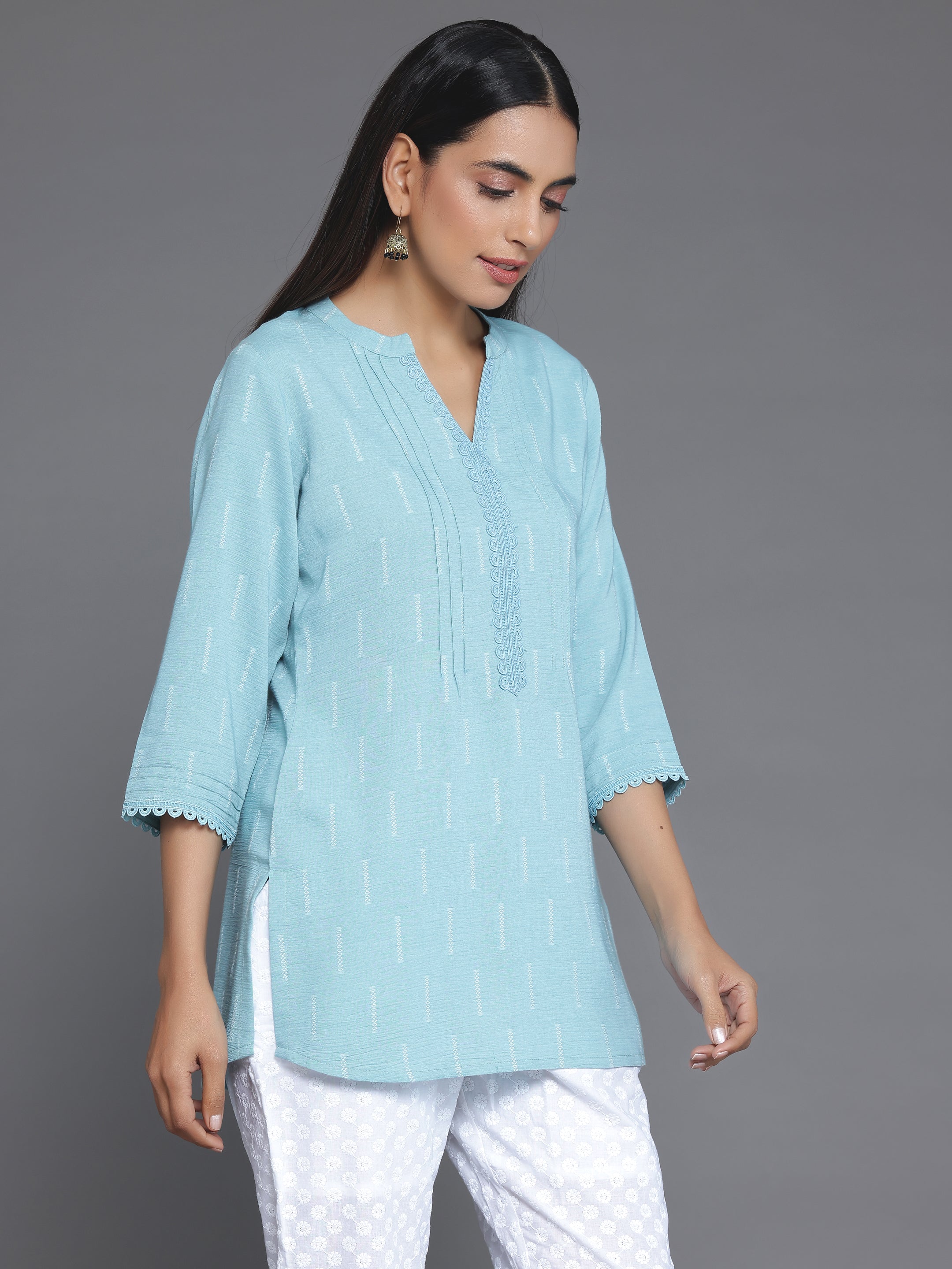 Blue Woven Design Cotton Blend Straight Kurti