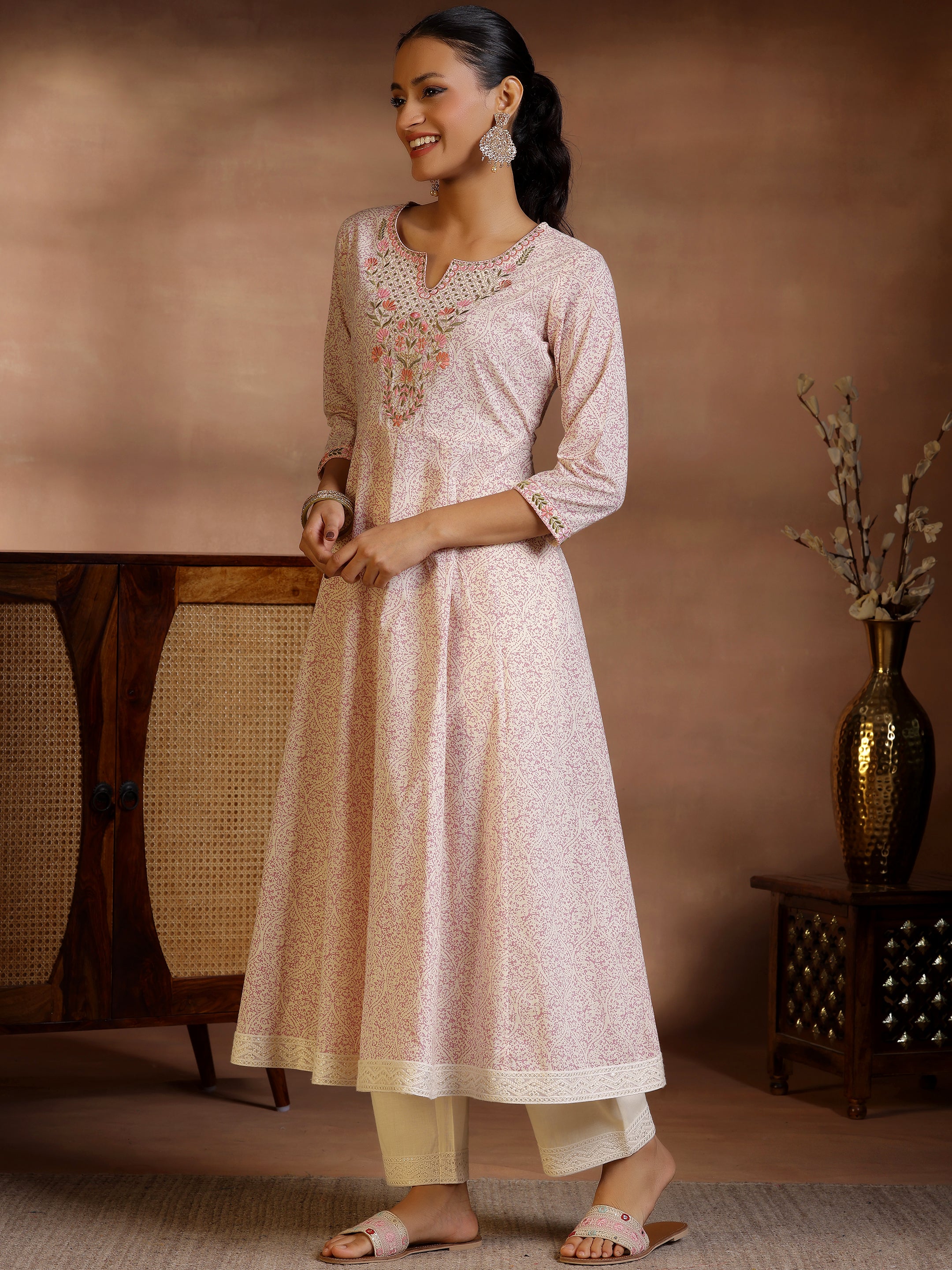 Mauve Printed Cotton Anarkali Kurta With Trousers