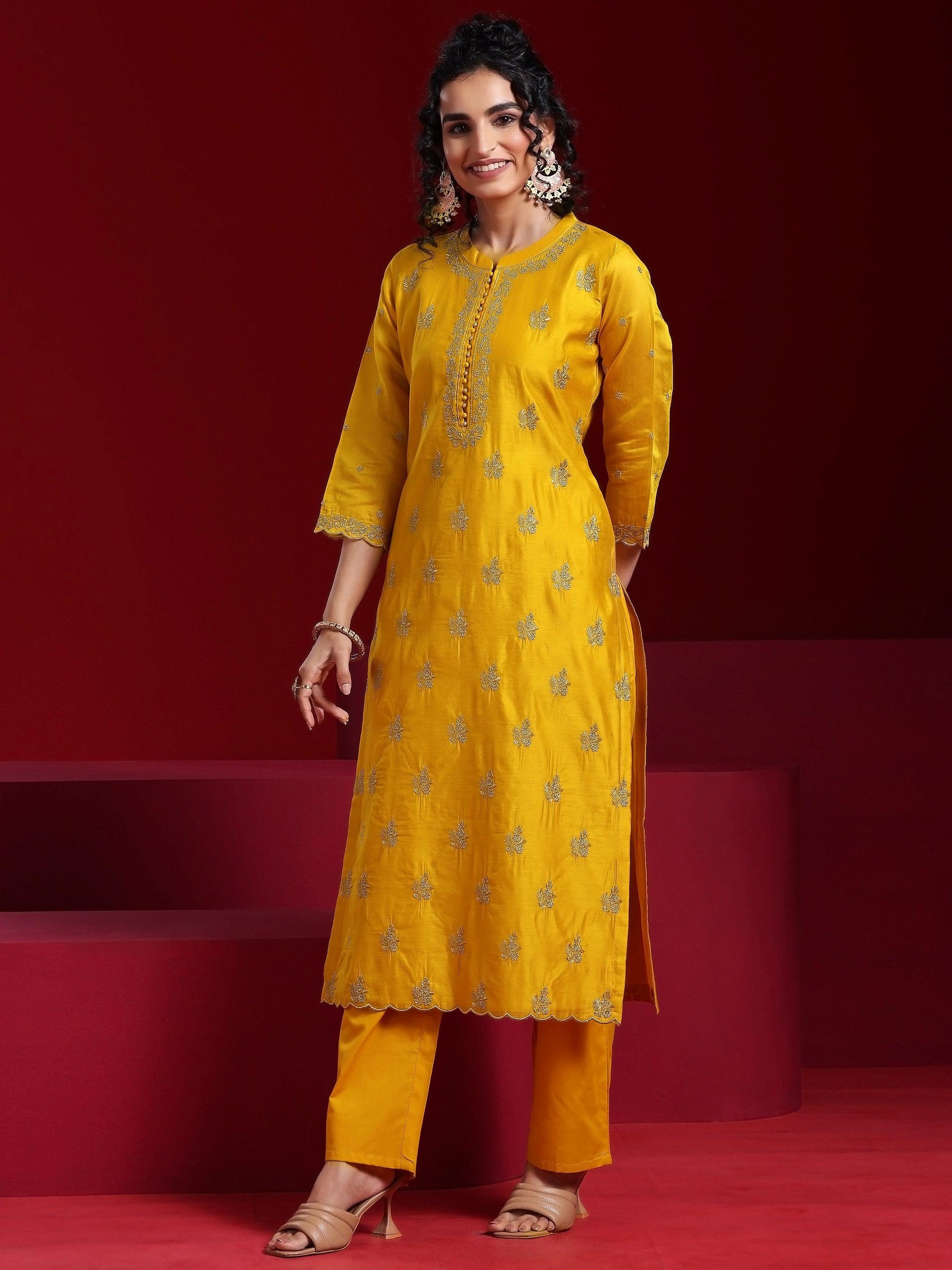 Libas Art Mustard Embroidered Chanderi Silk Straight Suit With Dupatta