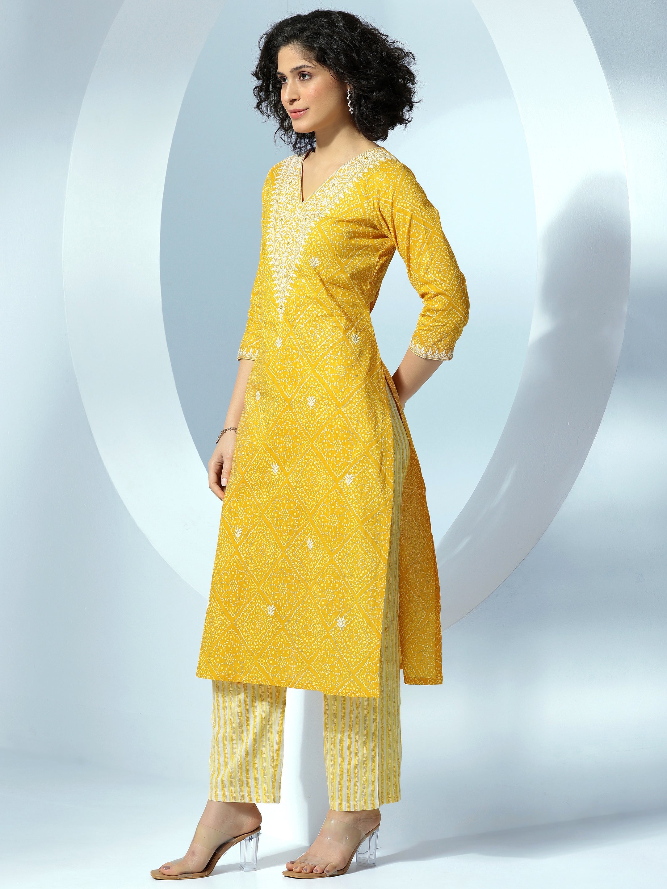 Mustard Printed Cotton Straight Suit With Dupatta