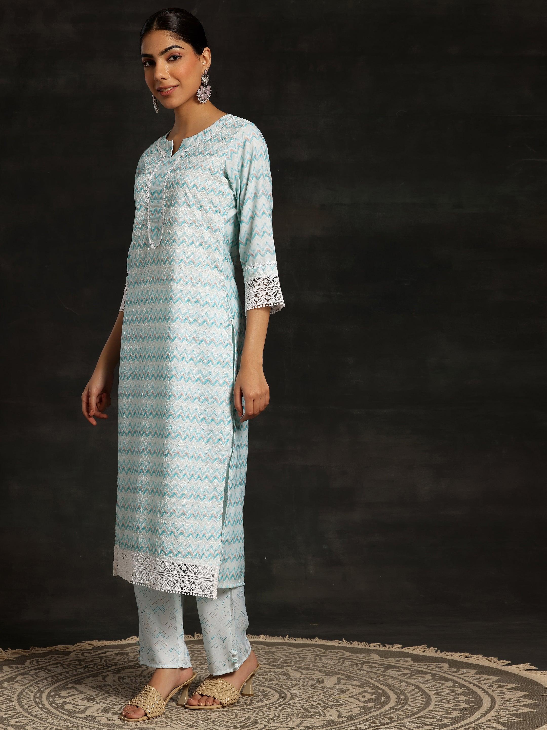 Blue Embroidered Cotton Straight Suit With Dupatta