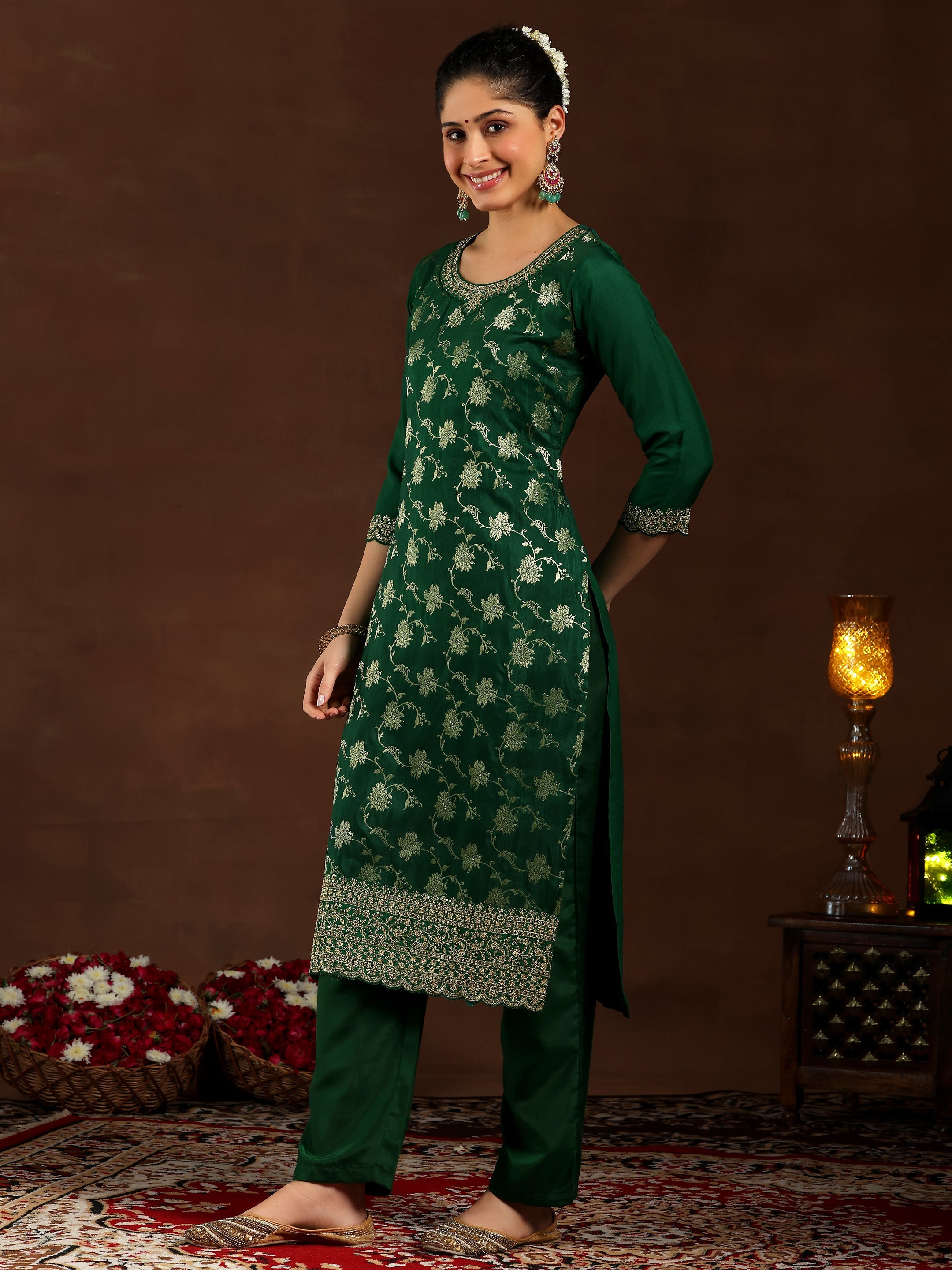 Green Woven Design Silk Blend Straight Suit With Dupatta