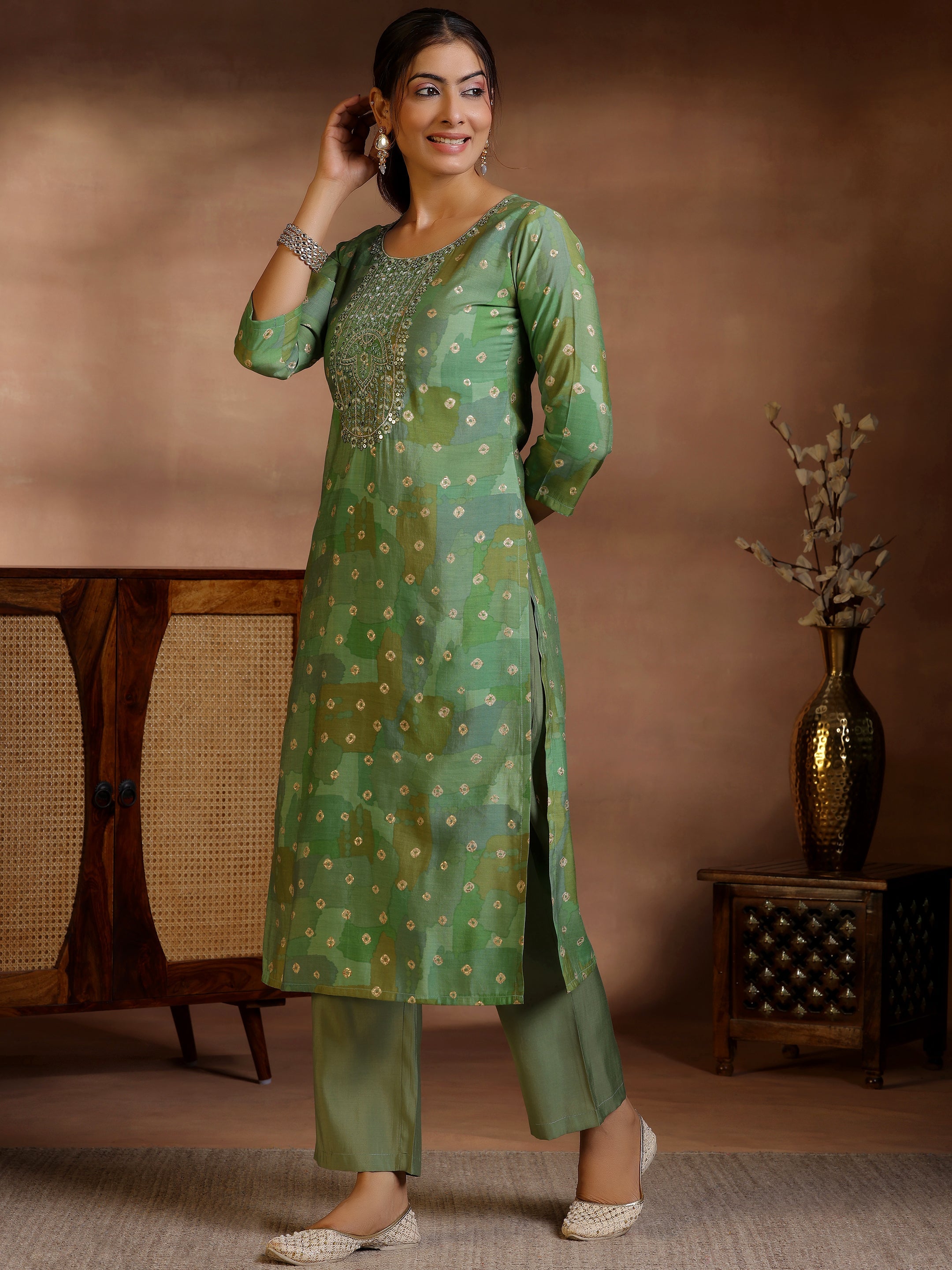 Green Printed Silk blend Straight Suit With Dupatta