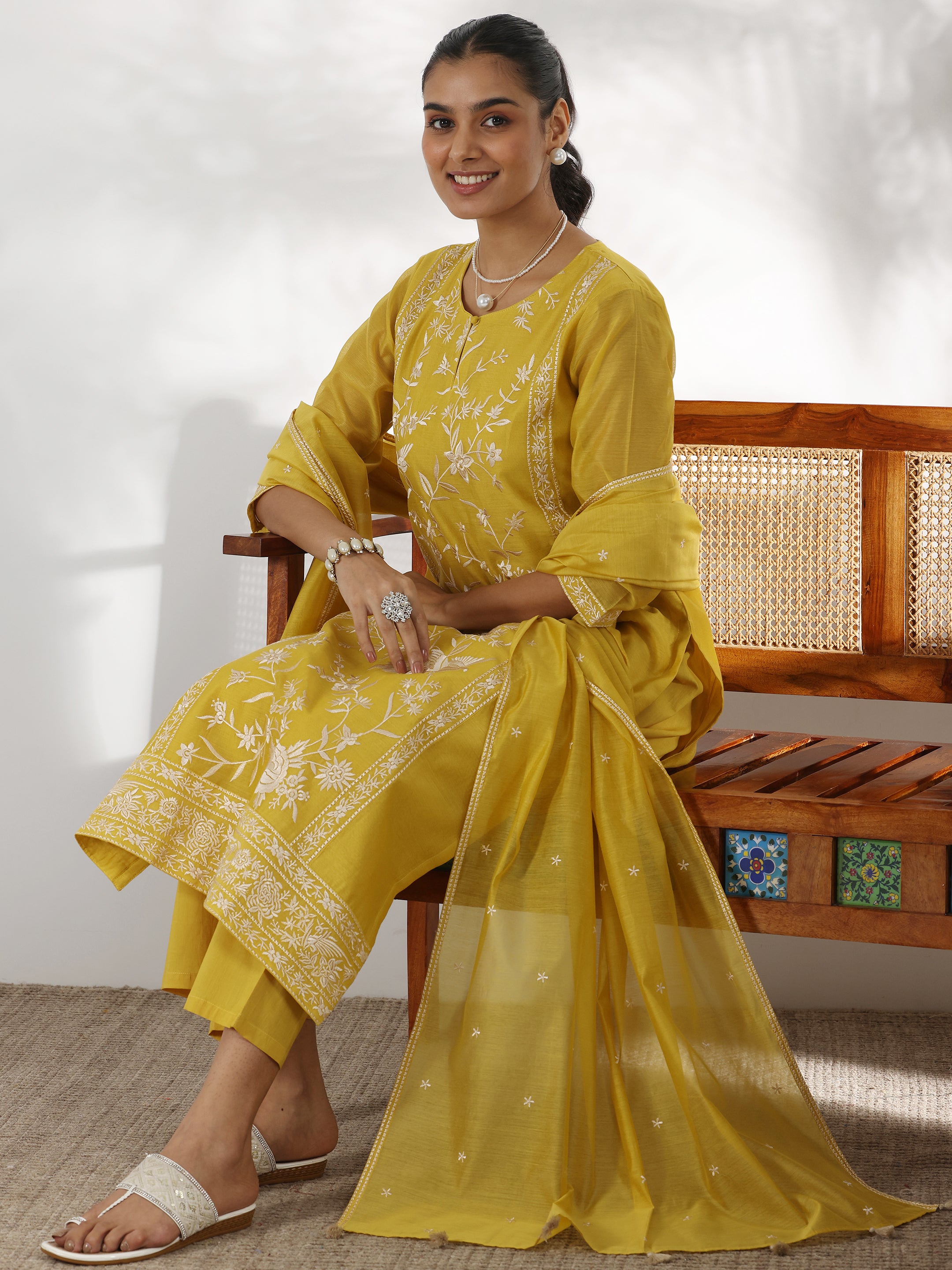 Mustard Embroidered Chanderi Silk Straight Suit With Dupatta