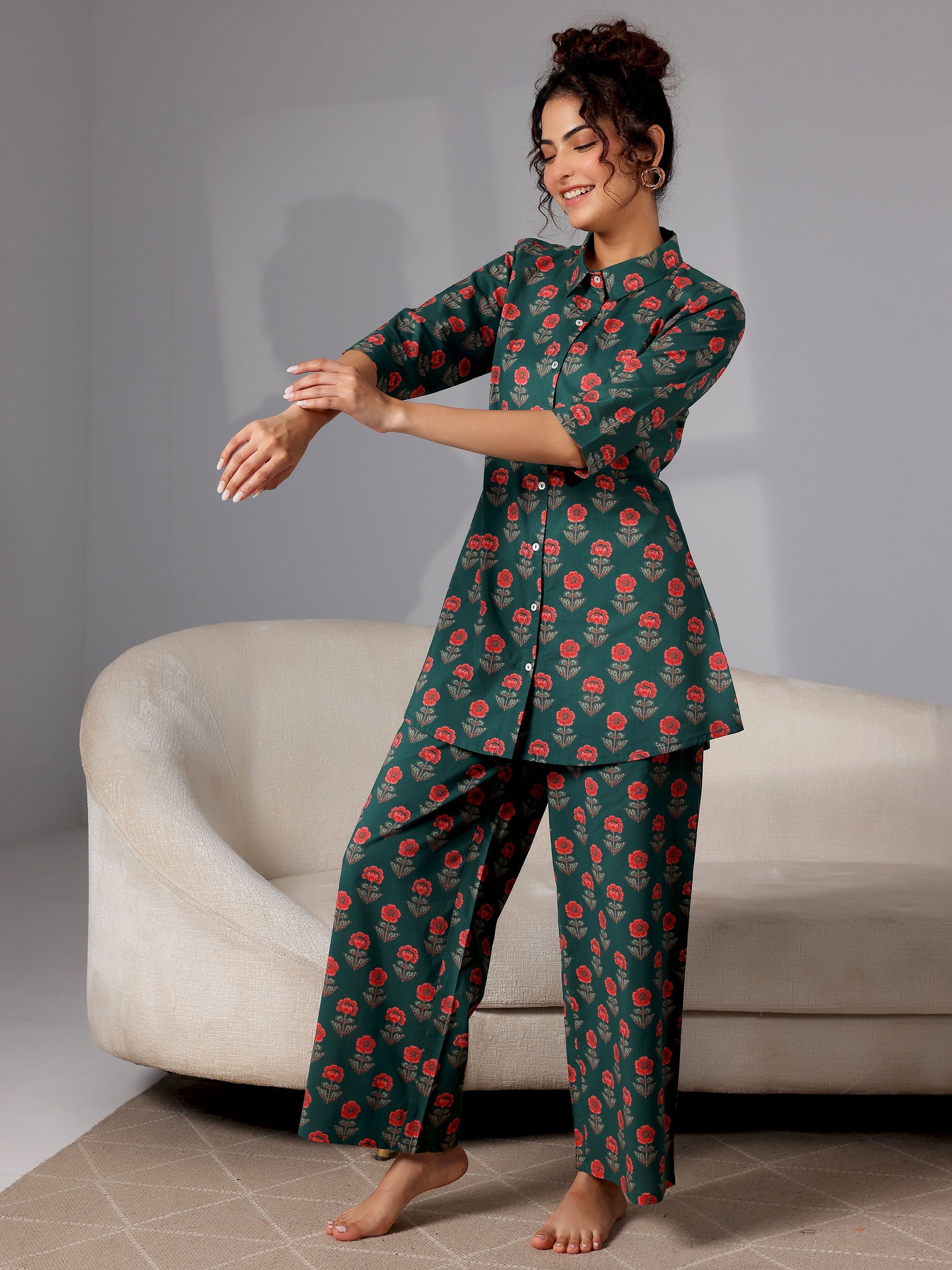 Green Printed Cotton Night Suits