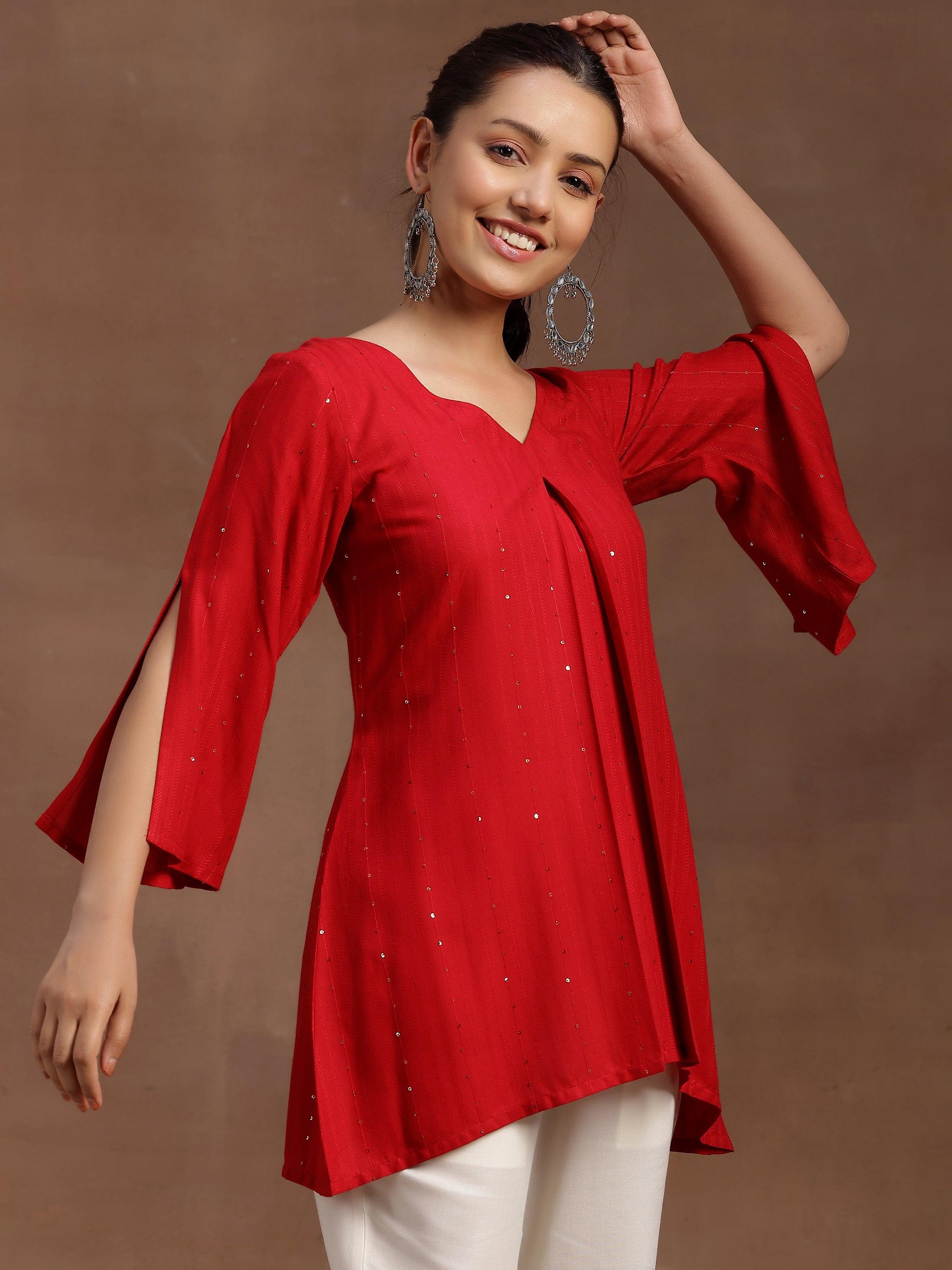 Red Solid Cotton Blend A-line Kurti