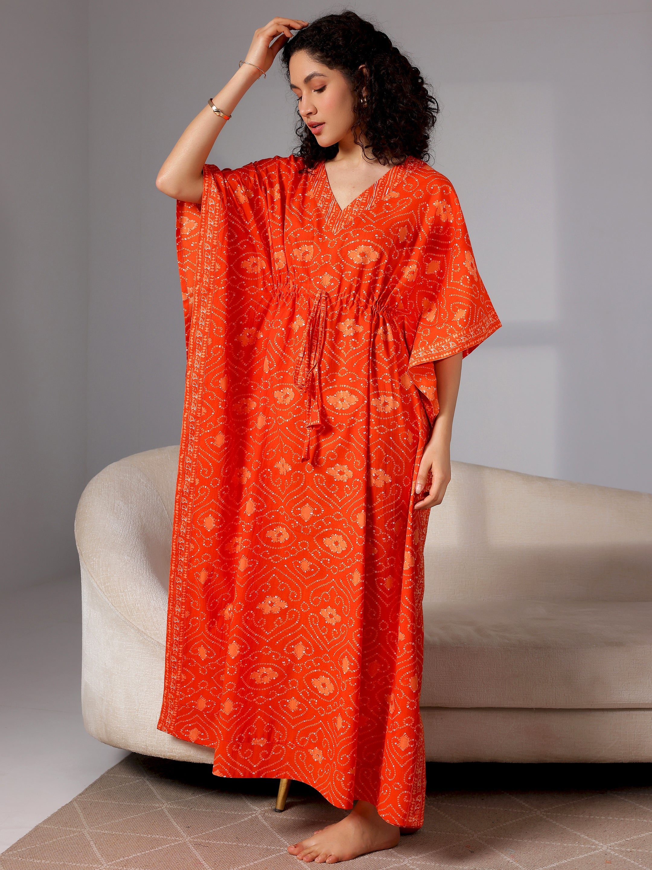 Orange Printed Cotton Kaftan Night Dress