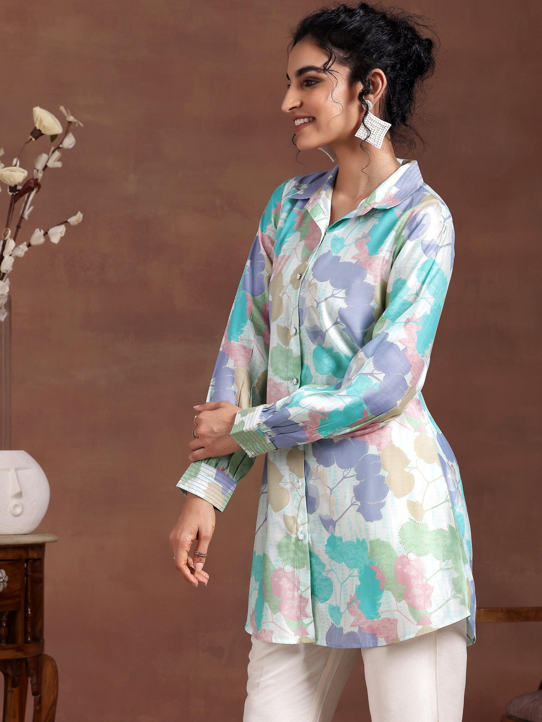 Green Printed Silk Blend Straight Kurti