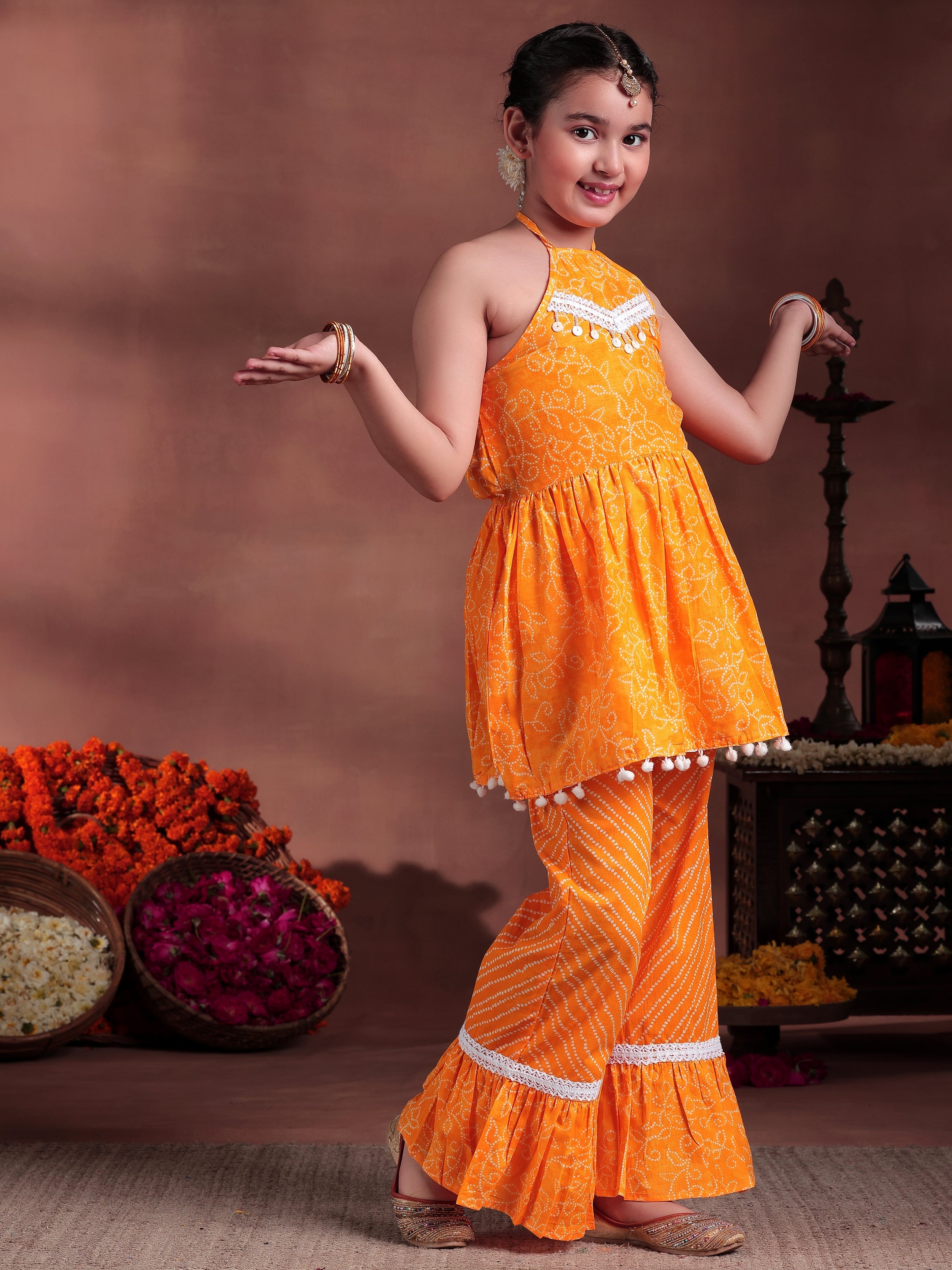 Kids Mustard Printed Cotton A-Line Top With Palazzos & Dupatta